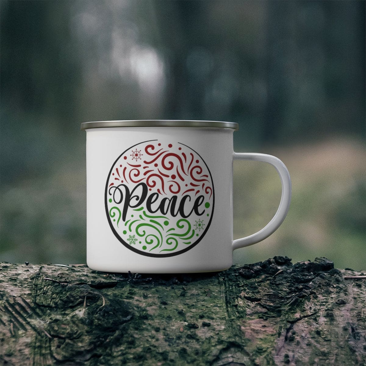 Durable enamel camping mug with Peace Holiday Print, perfect for beverages.