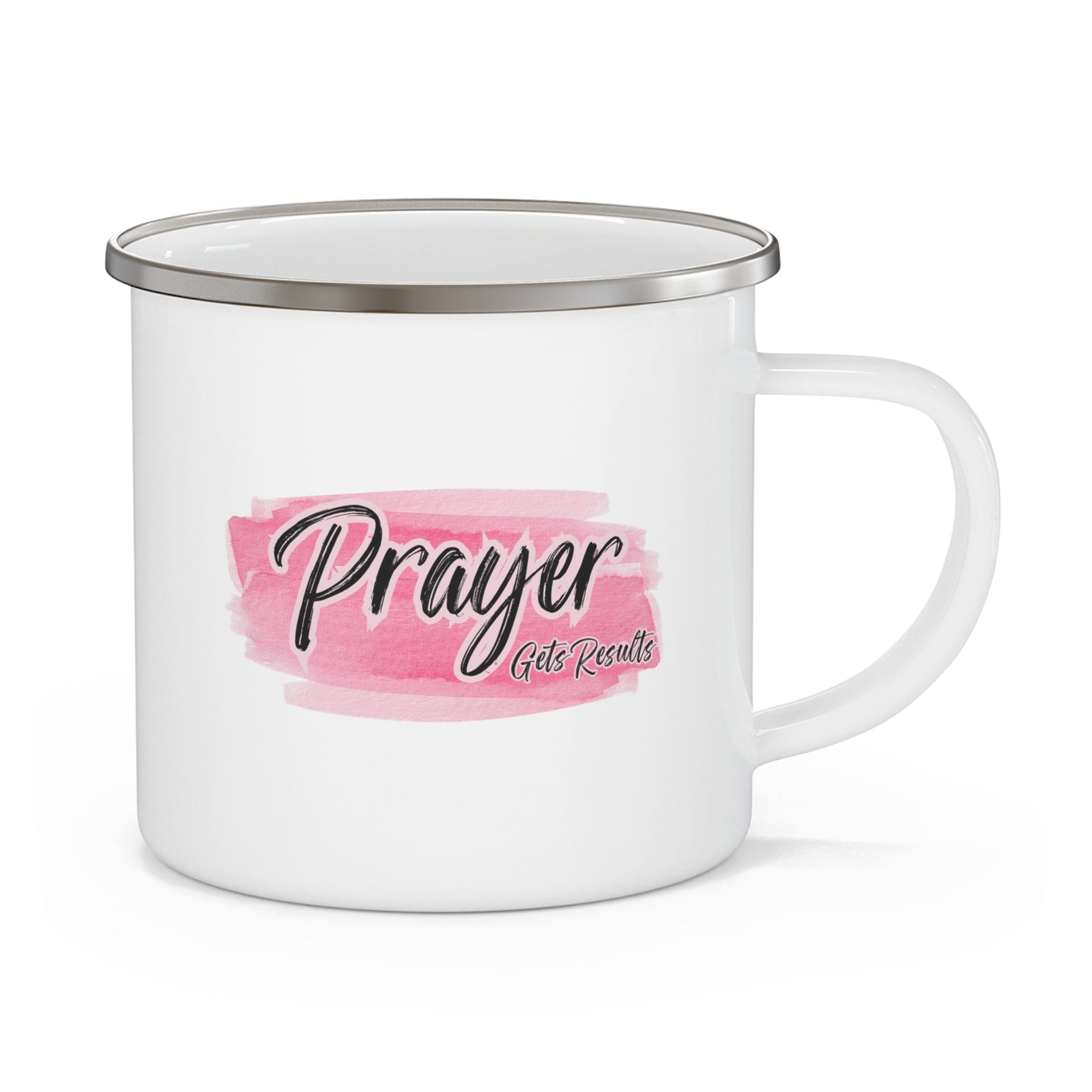 Durable enamel camping mug with pink and black illustration featuring the phrase 'Prayer Gets Results'. Perfect for outdoor and indoor use.