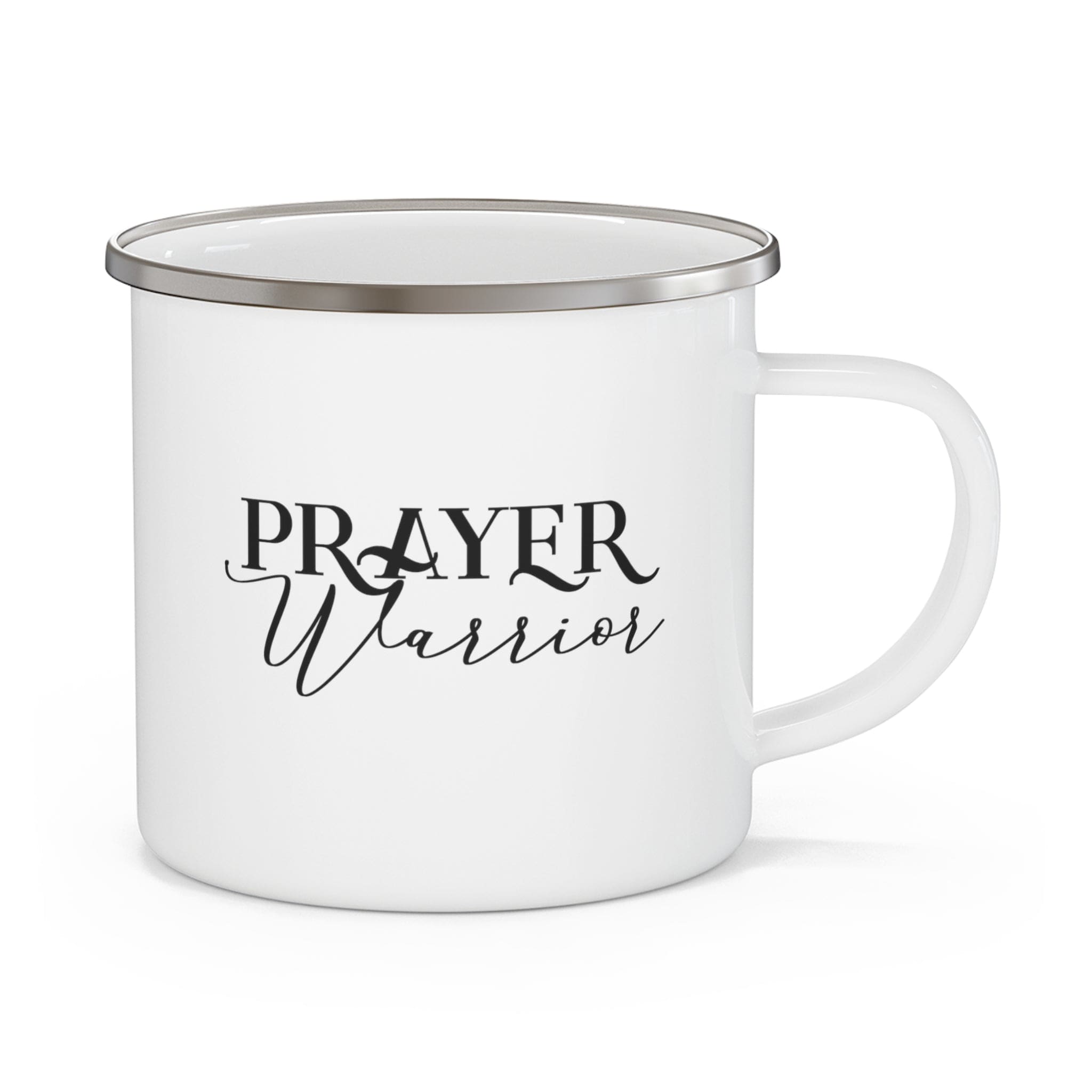 Enamel camping mug featuring a black Prayer Warrior illustration, perfect for outdoor activities and stylish drinking.