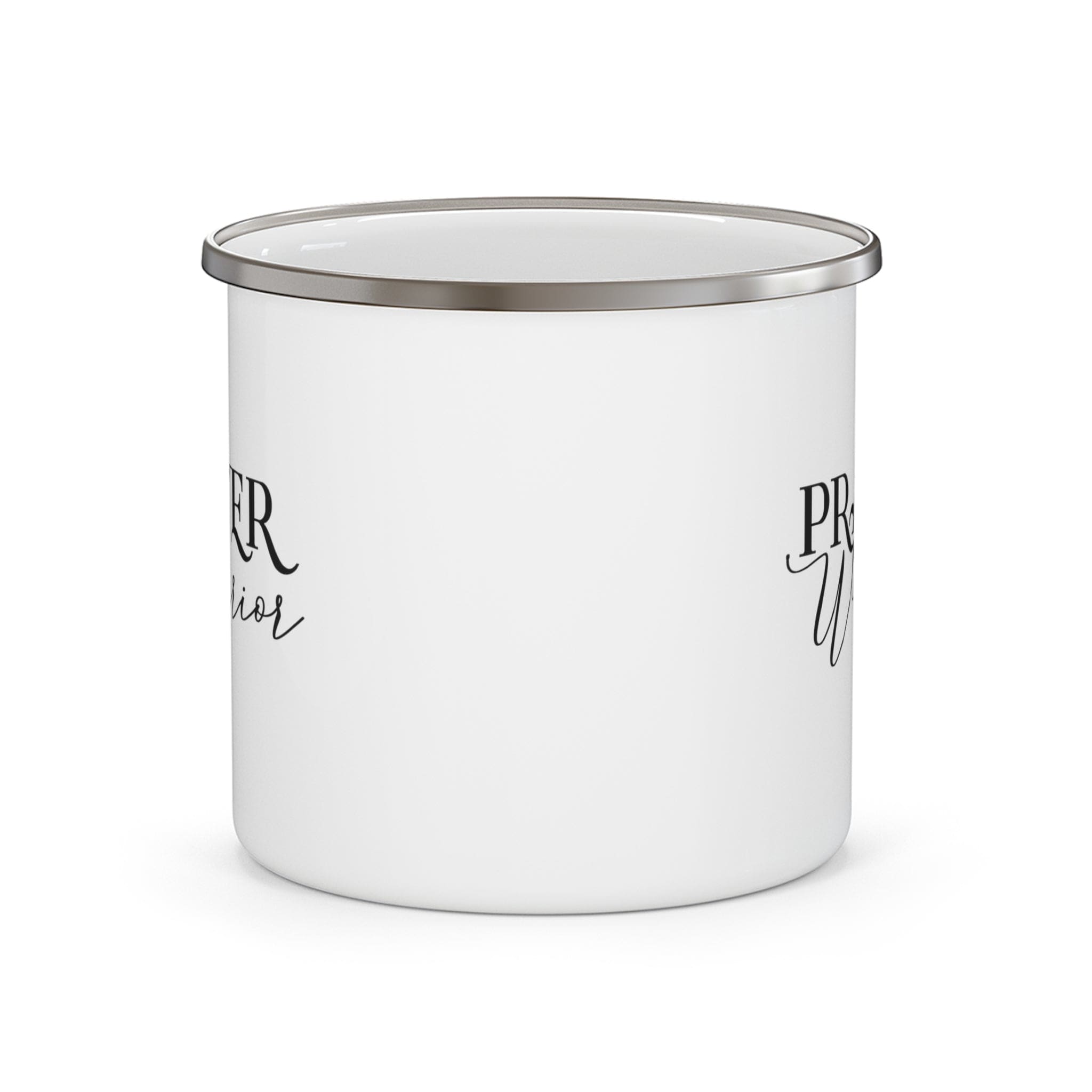 Enamel camping mug featuring a black Prayer Warrior illustration, perfect for outdoor activities and stylish drinking.