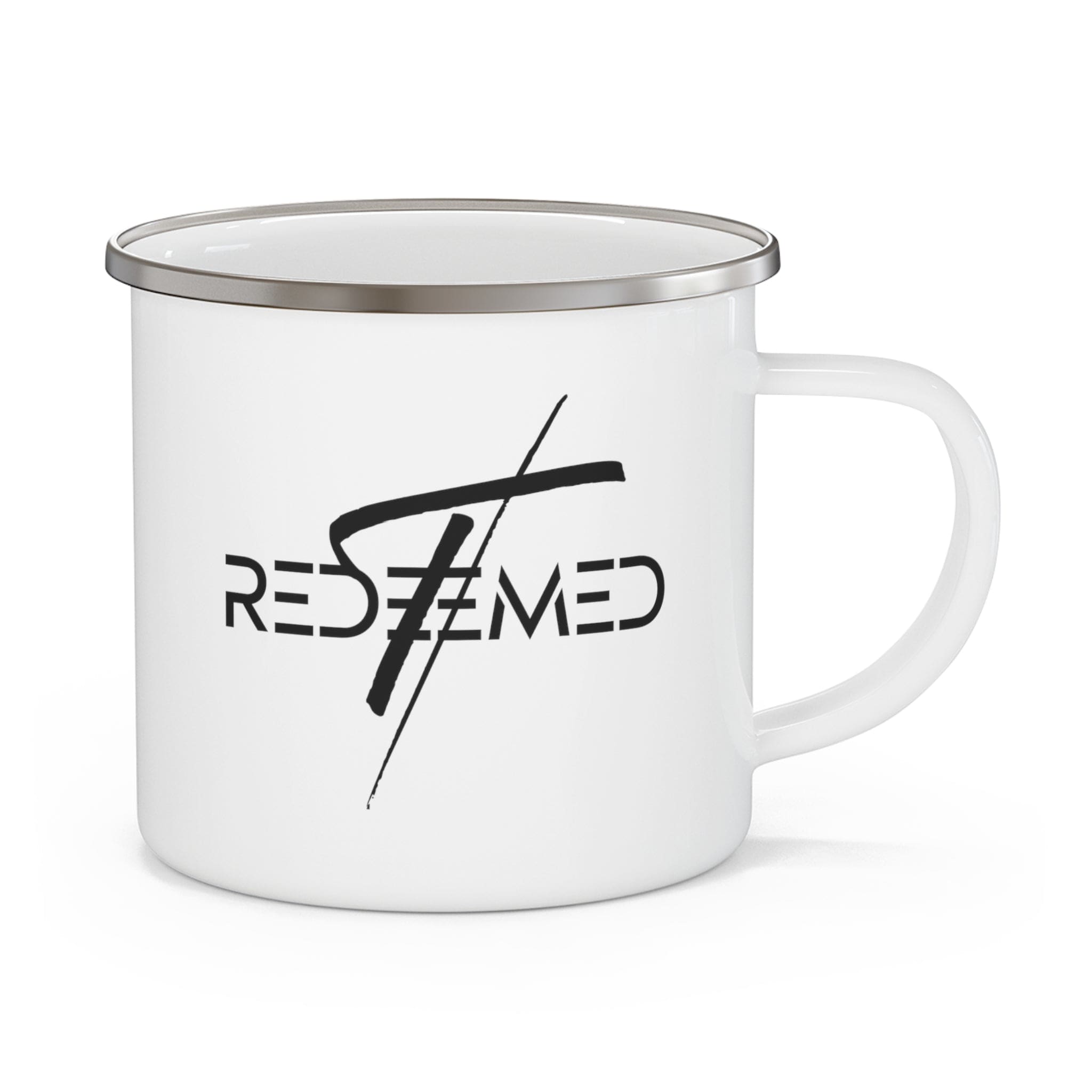 Durable enamel camping mug featuring a Redeemed Cross black illustration, perfect for outdoor and indoor use.