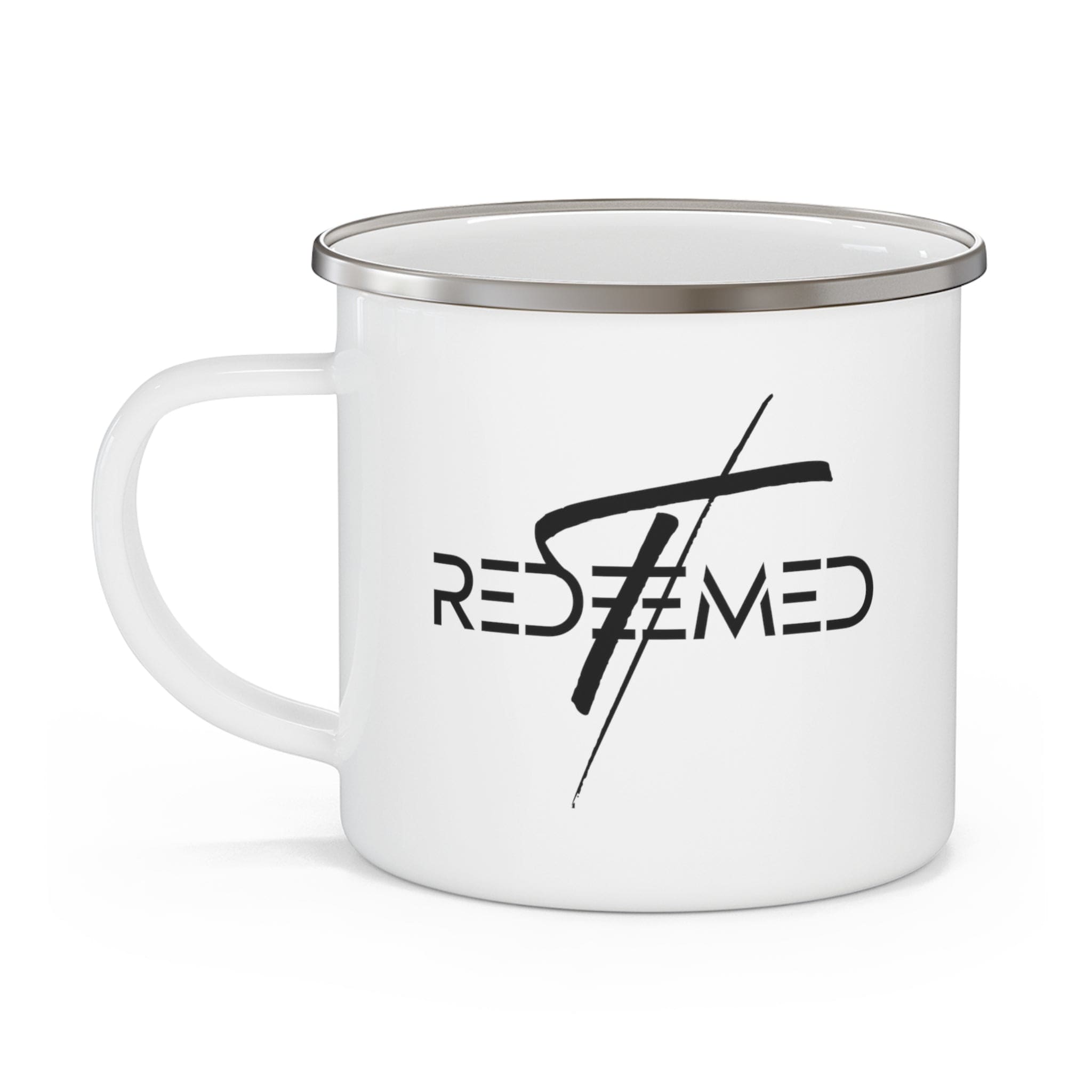 Durable enamel camping mug featuring a Redeemed Cross black illustration, perfect for outdoor and indoor use.