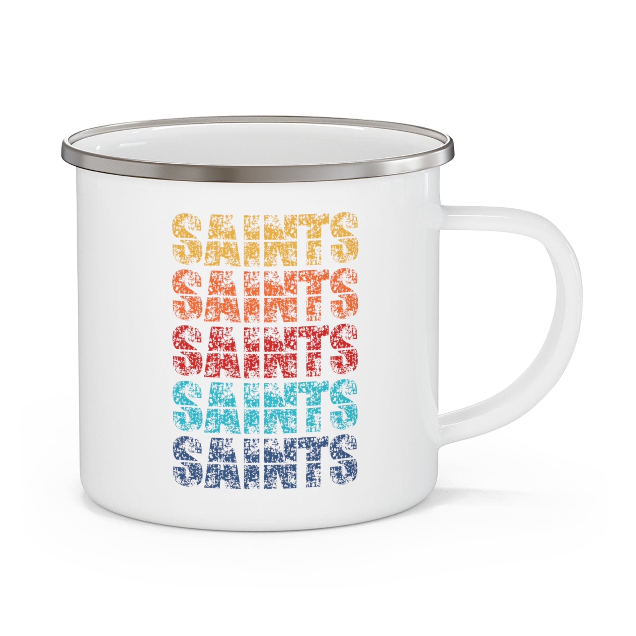 Colorful enamel camping mug featuring Saints art illustration, perfect for outdoor and indoor use.