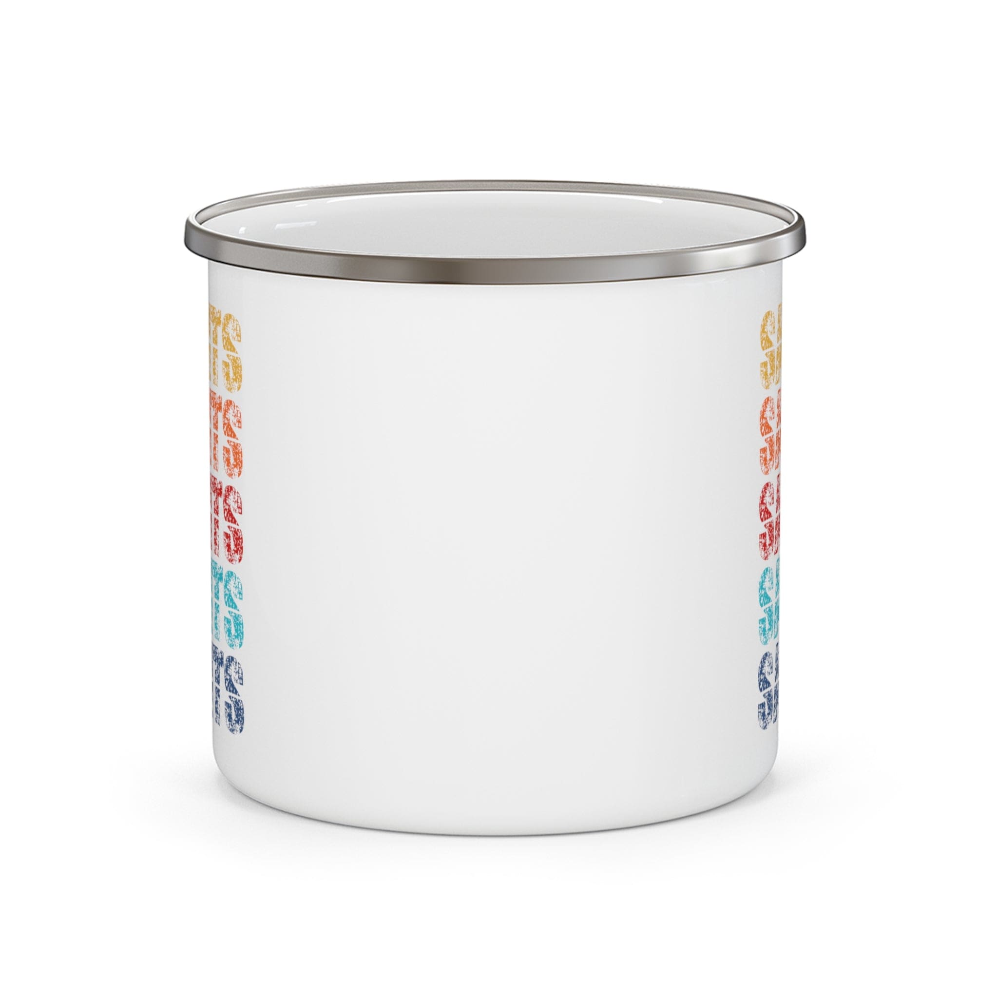 Colorful enamel camping mug featuring Saints art illustration, perfect for outdoor and indoor use.