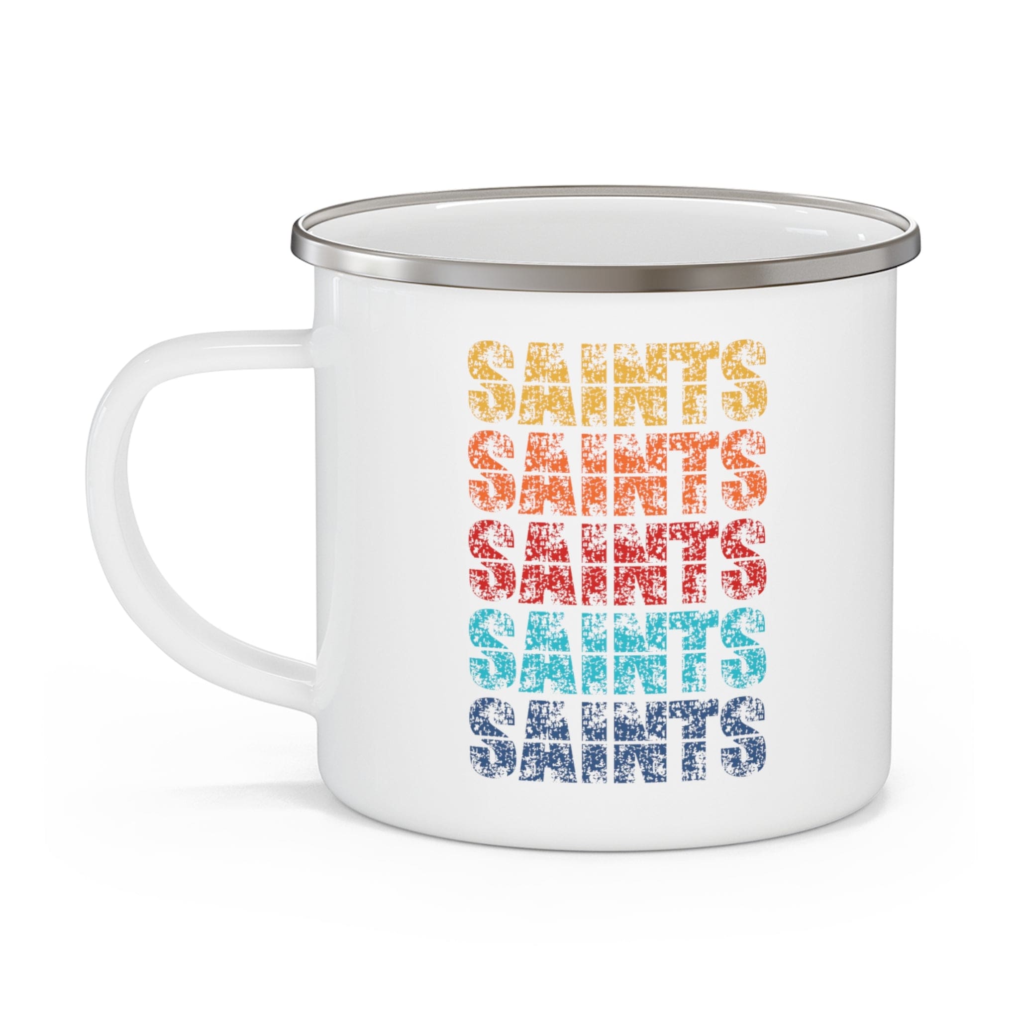 Colorful enamel camping mug featuring Saints art illustration, perfect for outdoor and indoor use.