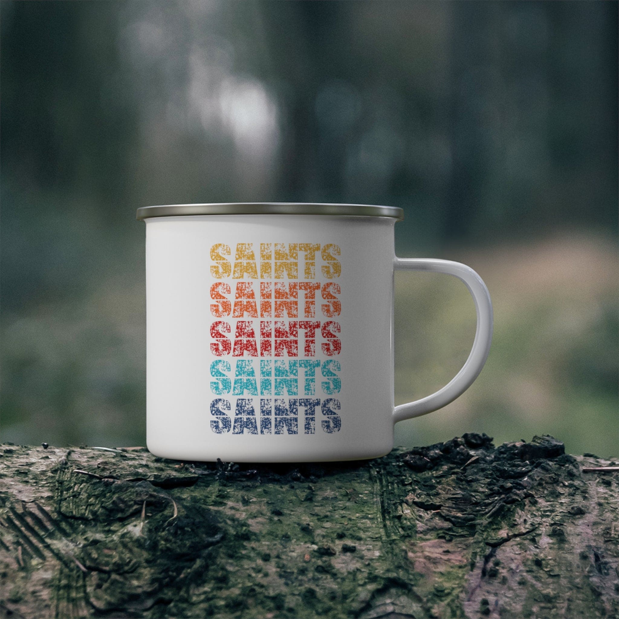 Colorful enamel camping mug featuring Saints art illustration, perfect for outdoor and indoor use.