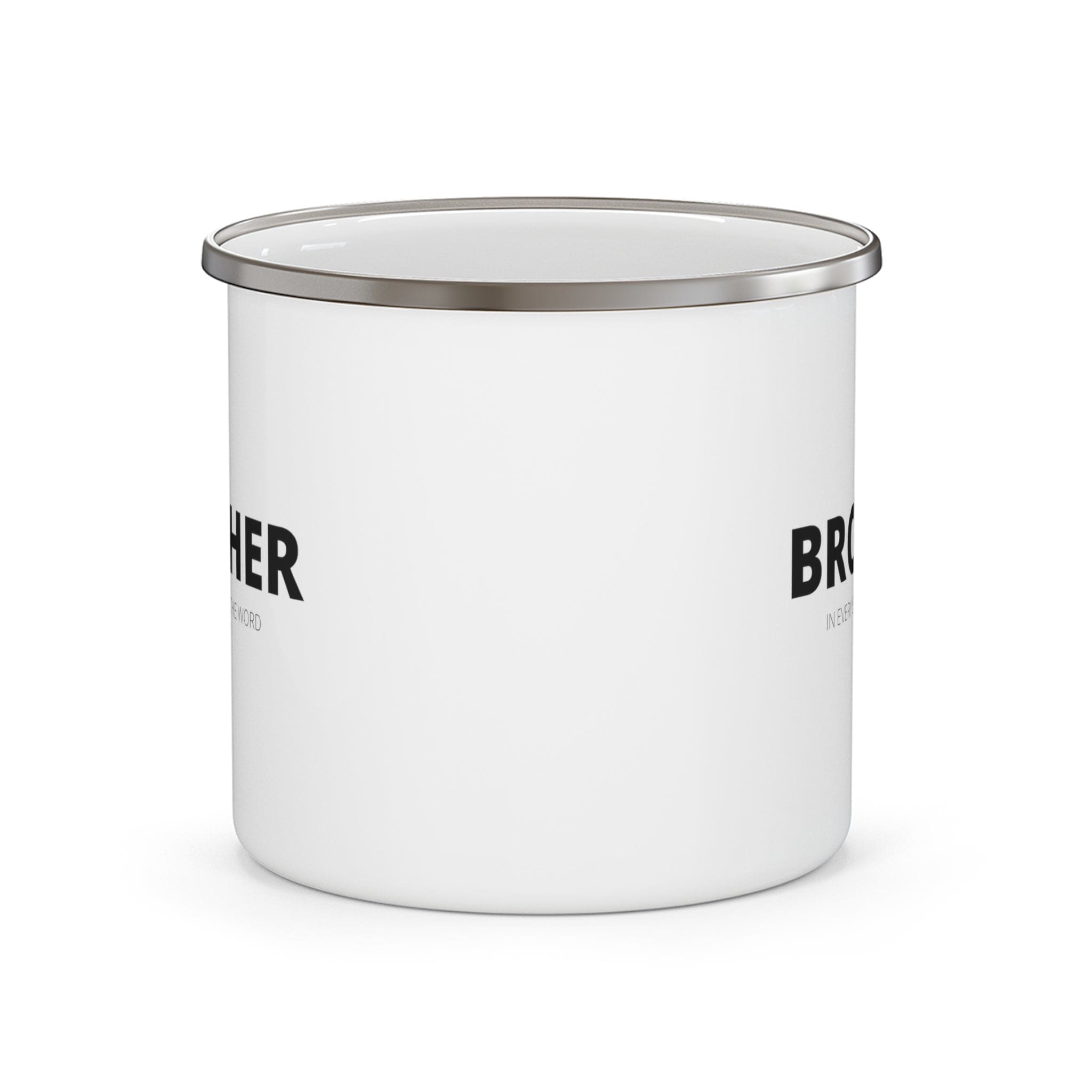 Durable enamel camping mug with rounded corners and C-handle, perfect for coffee, tea, and cereal.