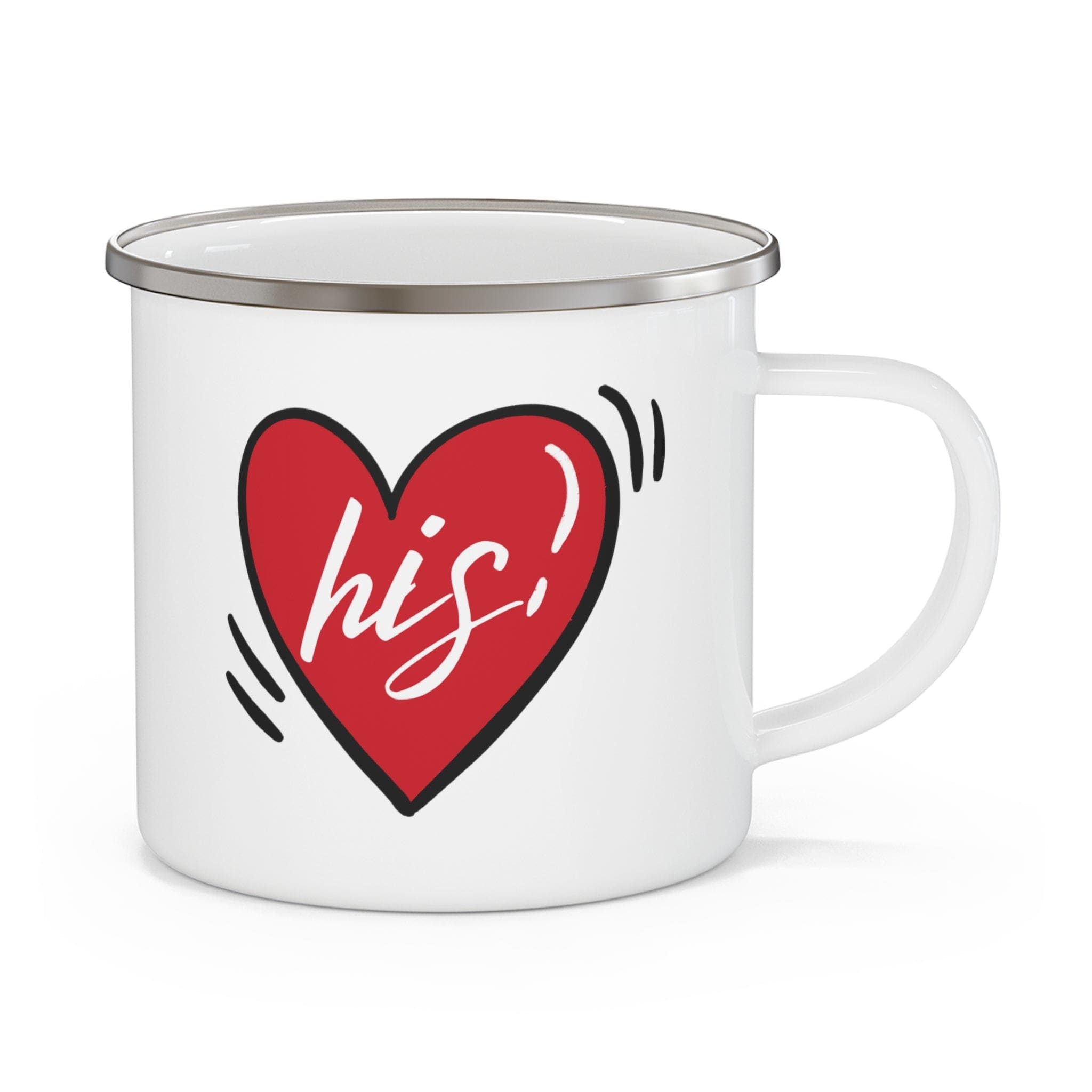 Durable enamel camping mug with a stylish design, featuring a C-handle and rounded corners, perfect for couples.