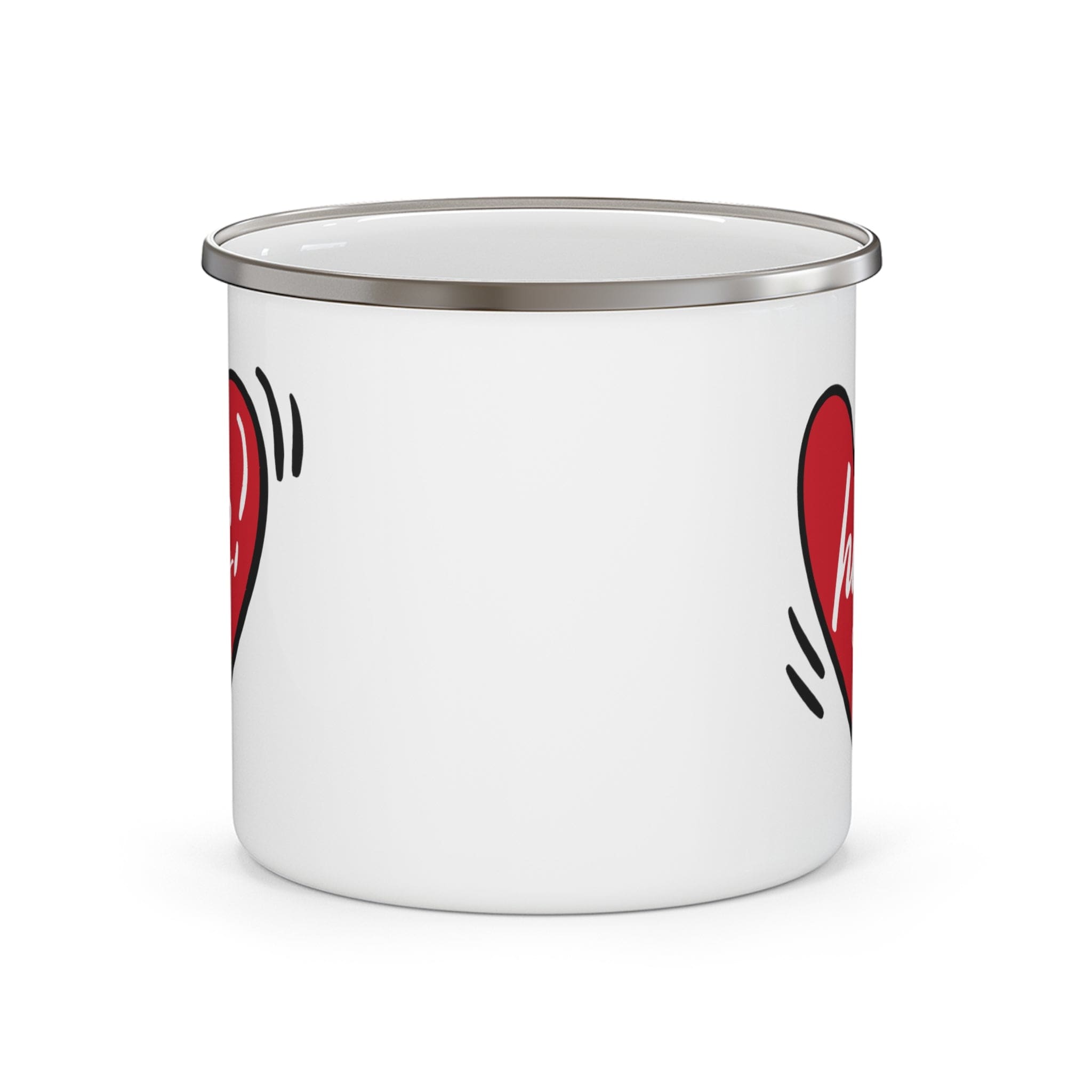 Durable enamel camping mug with a stylish design, featuring a C-handle and rounded corners, perfect for couples.