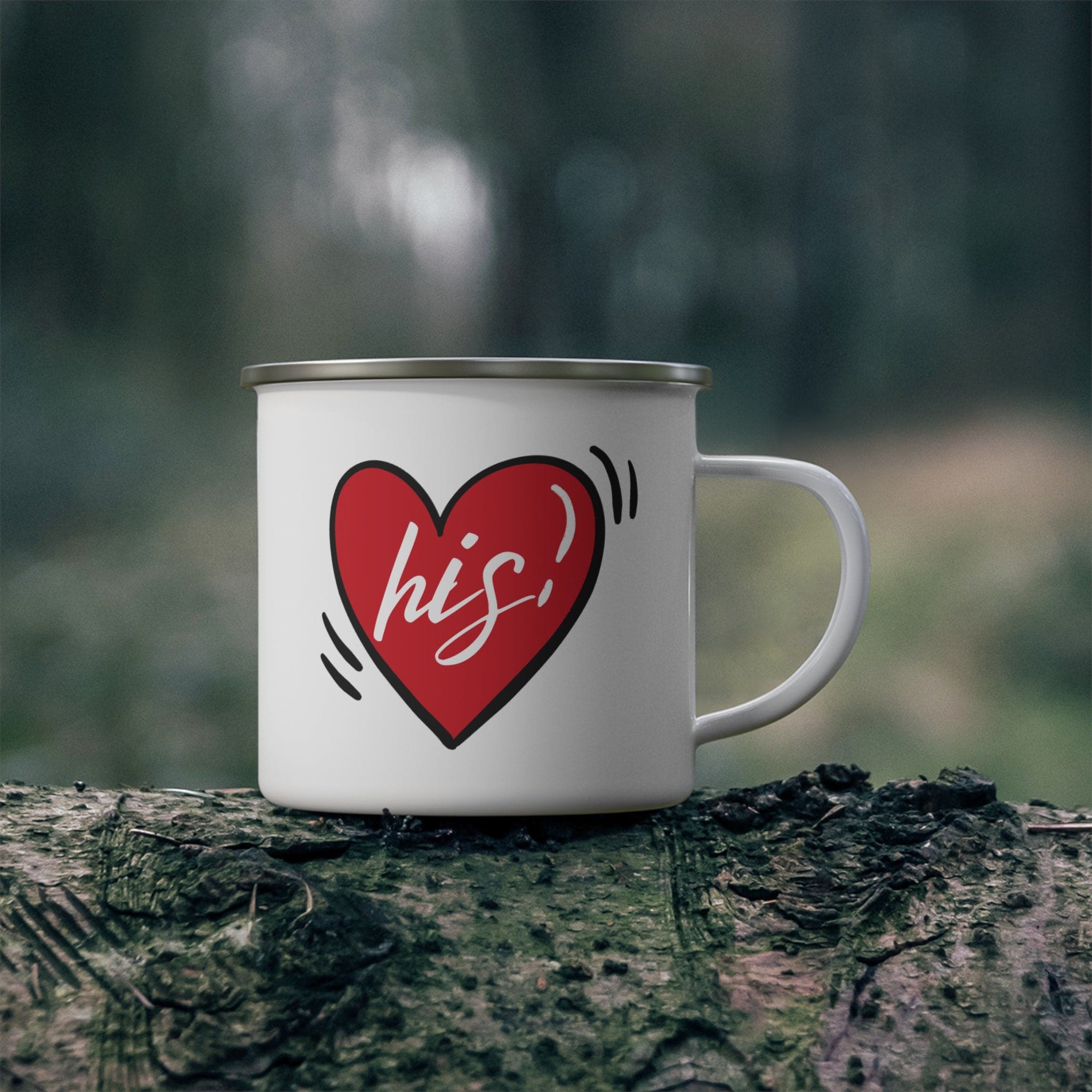 Durable enamel camping mug with a stylish design, featuring a C-handle and rounded corners, perfect for couples.