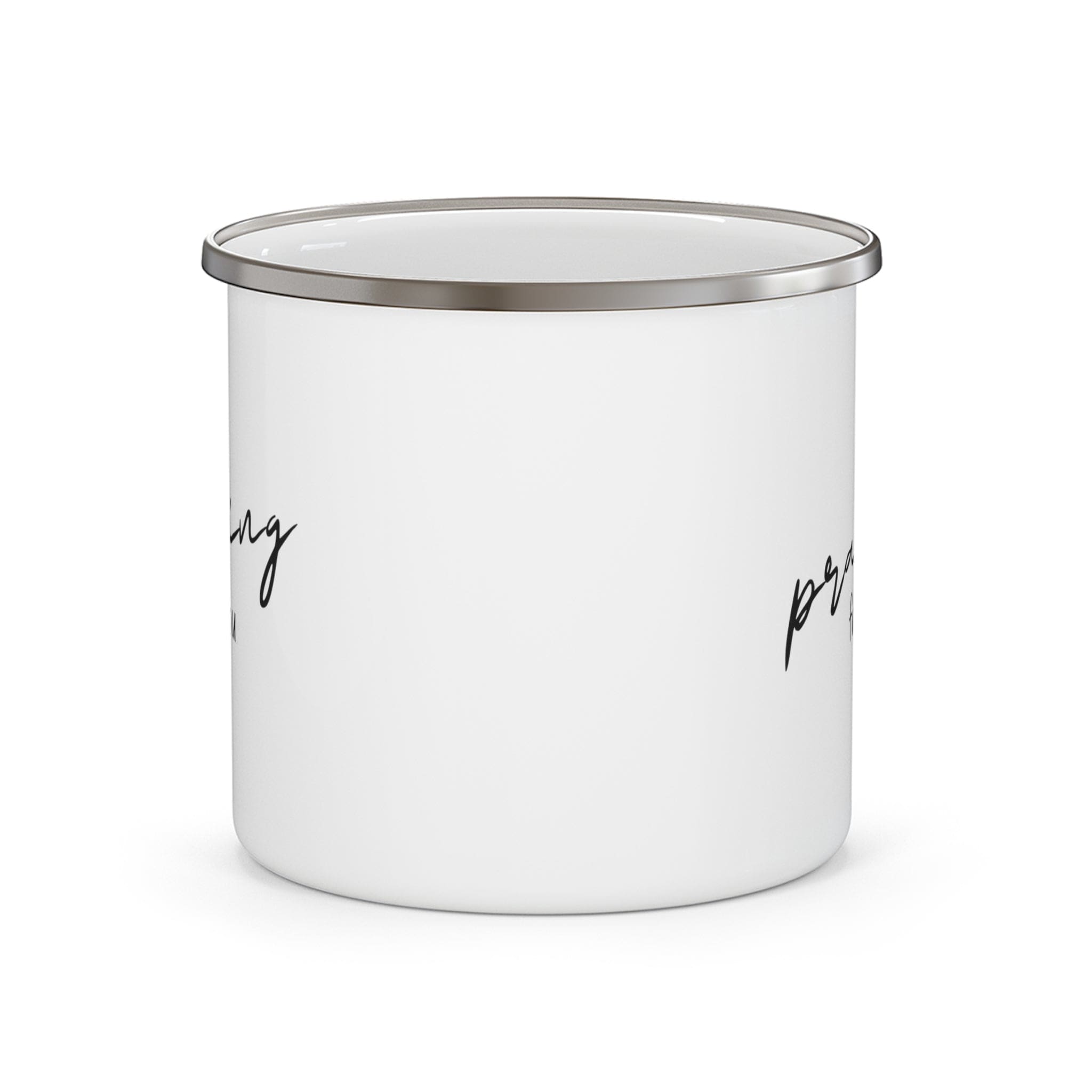 Durable enamel camping mug with a stylish design, perfect for outdoor and indoor use, featuring a comfortable C-handle.