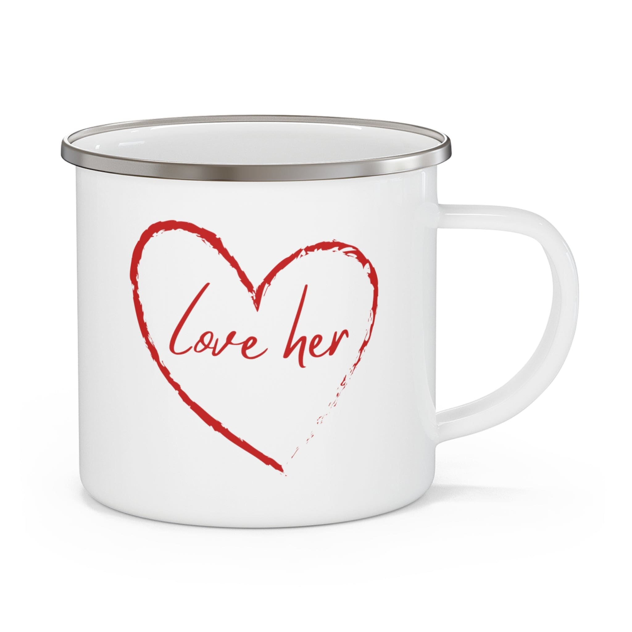 Red enamel camping mug with the phrase 'Say it Soul Love Her', featuring a sturdy C-handle and rounded corners.