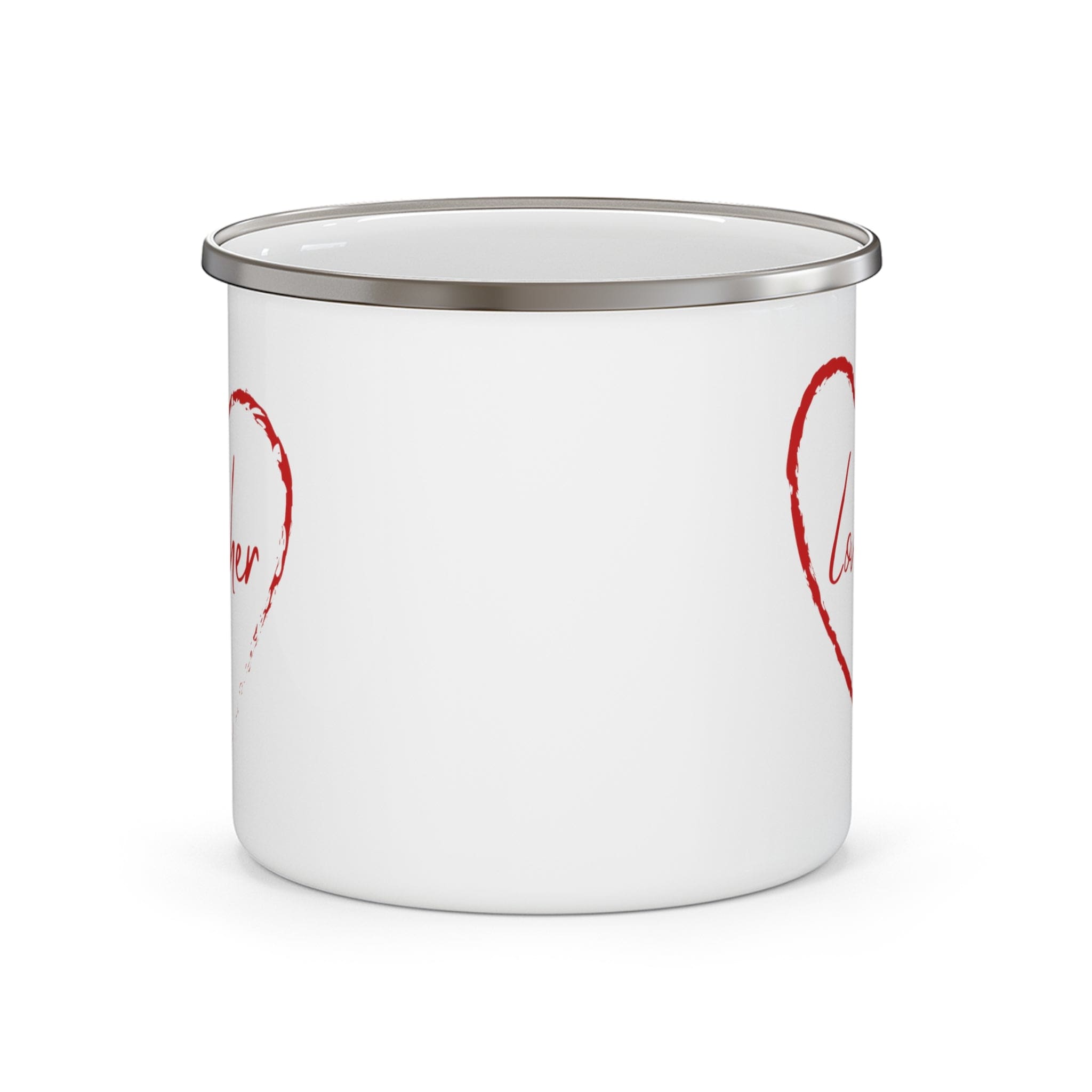 Red enamel camping mug with the phrase 'Say it Soul Love Her', featuring a sturdy C-handle and rounded corners.