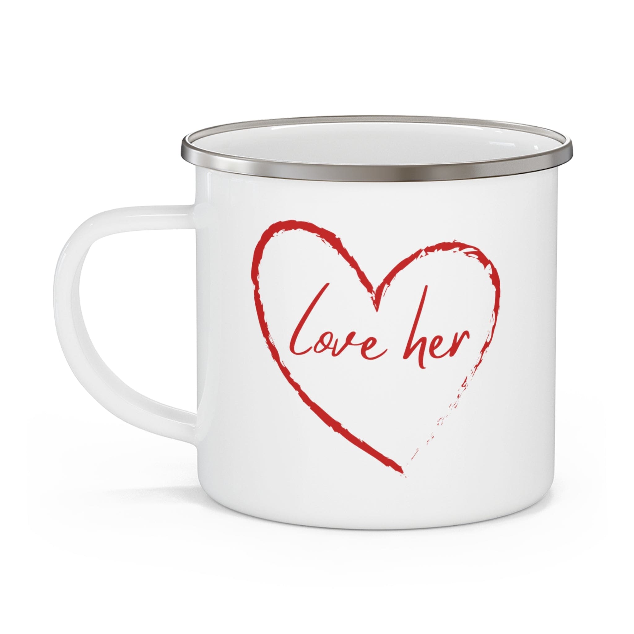 Red enamel camping mug with the phrase 'Say it Soul Love Her', featuring a sturdy C-handle and rounded corners.