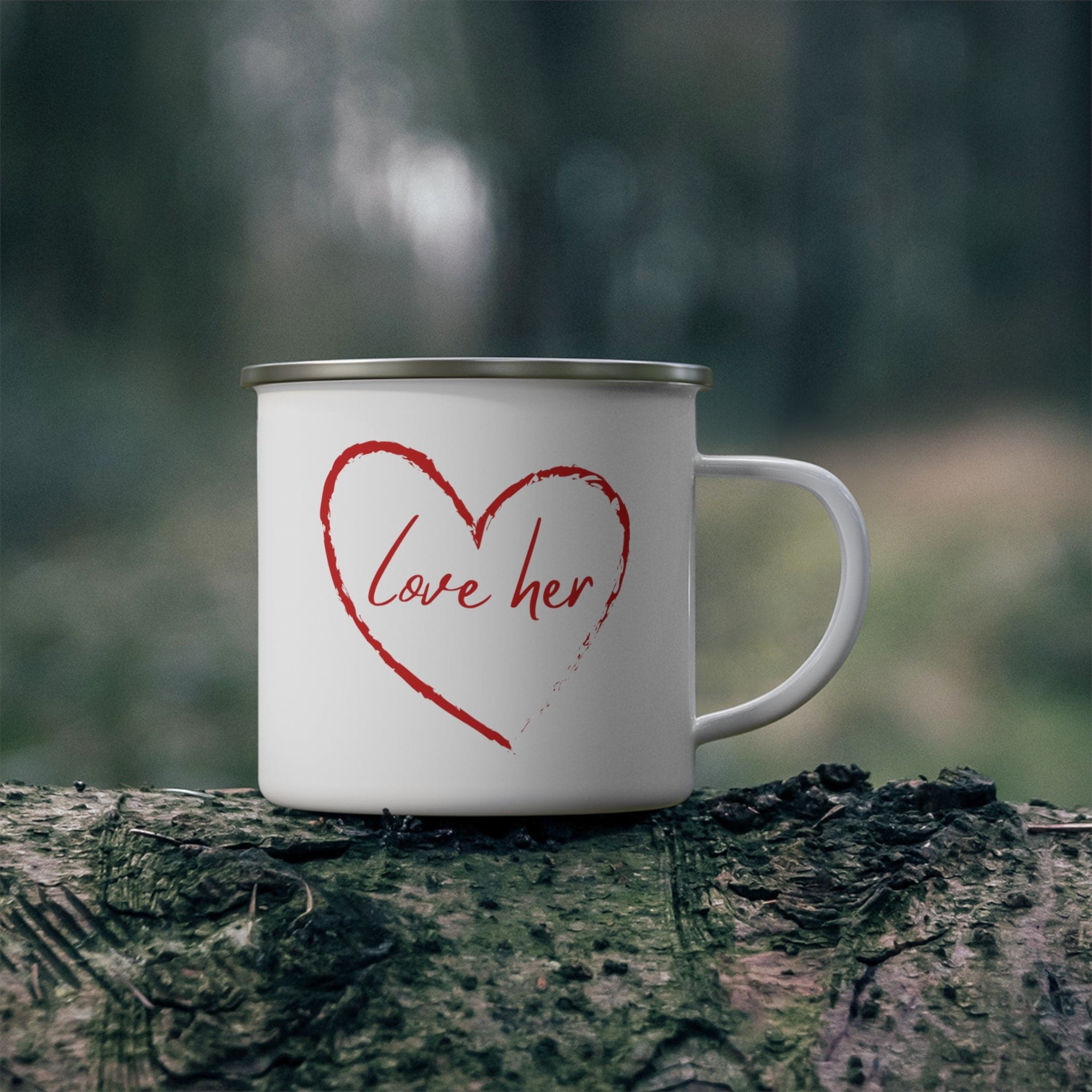 Red enamel camping mug with the phrase 'Say it Soul Love Her', featuring a sturdy C-handle and rounded corners.