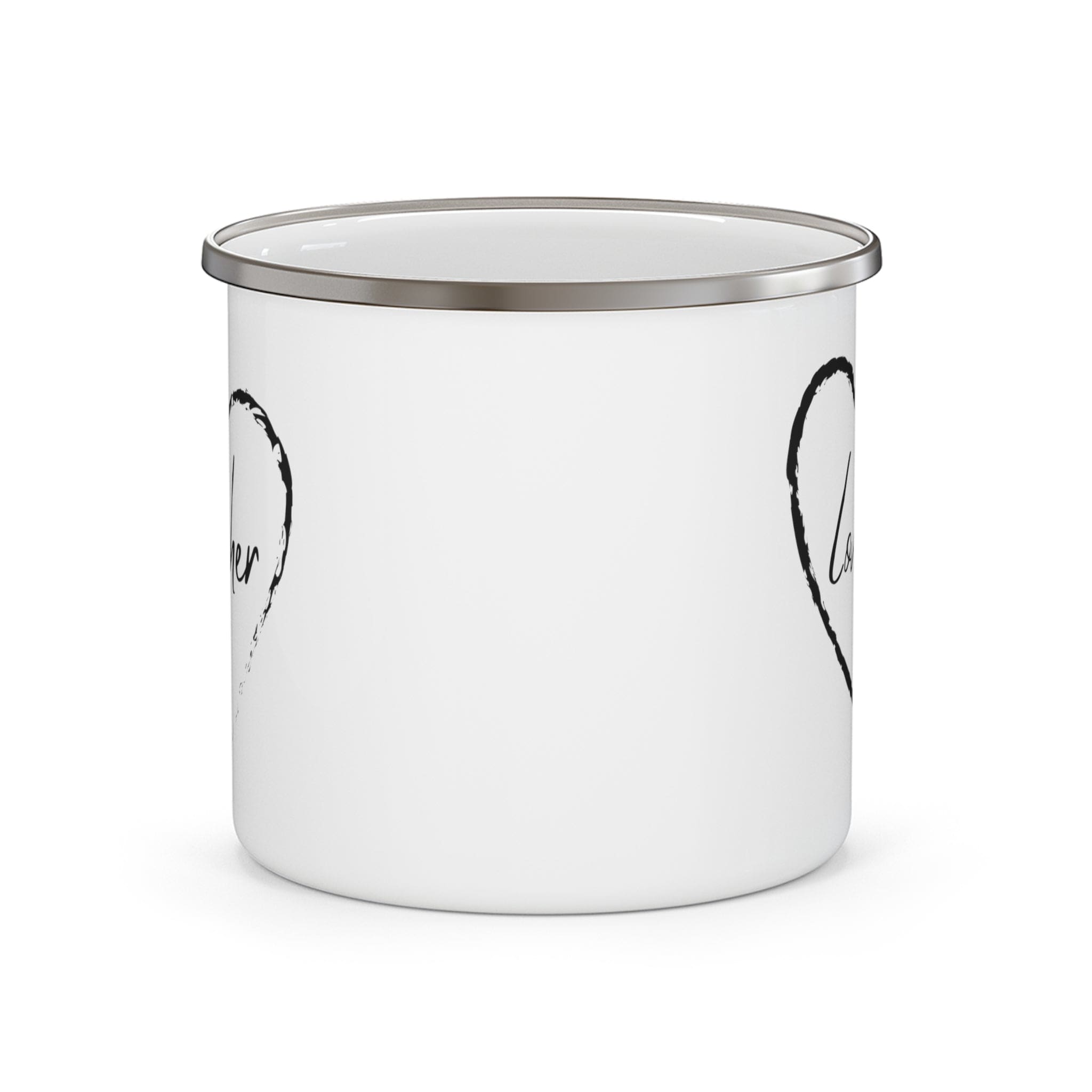 Durable enamel camping mug with a stylish design, featuring rounded corners and a comfortable C-handle, perfect for outdoor and indoor use.