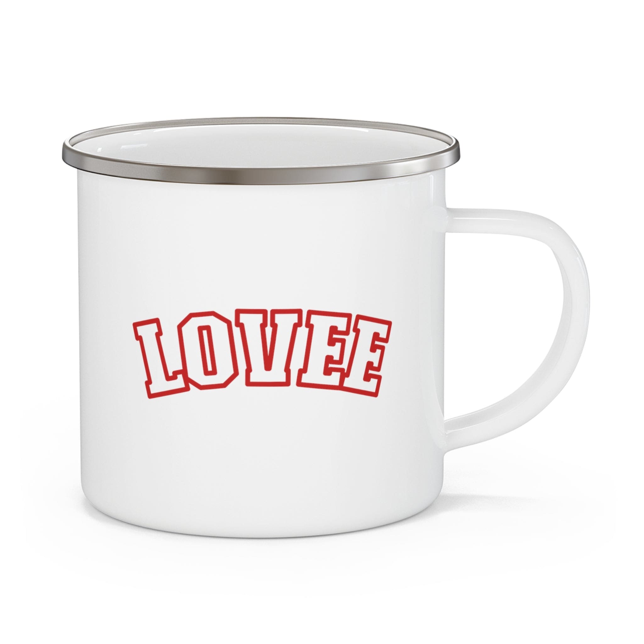 Durable enamel camping mug with a stylish design, perfect for coffee, tea, and cereal, featuring a comfortable C-handle.