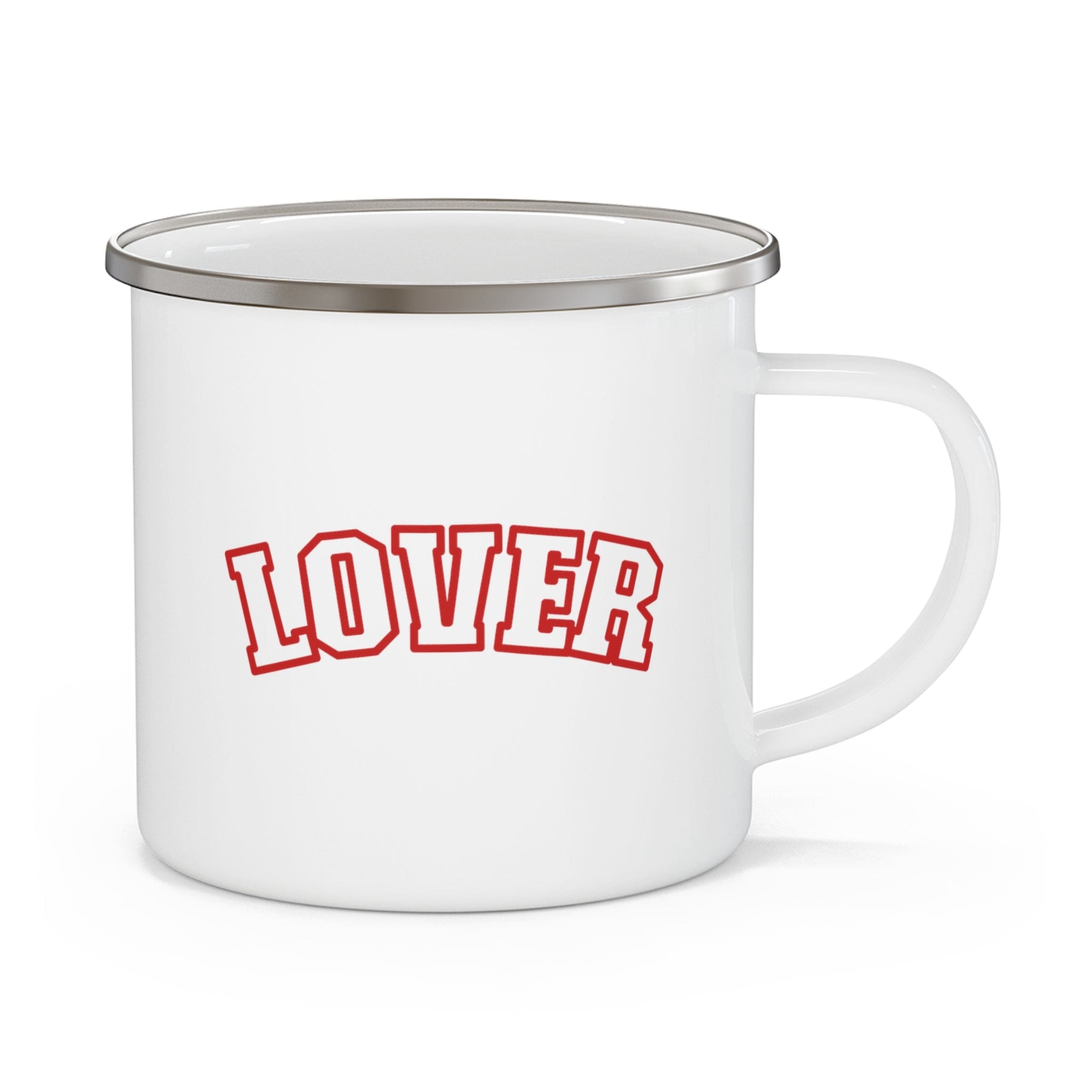 Red enamel camping mug with C-handle, perfect for coffee and outdoor activities.