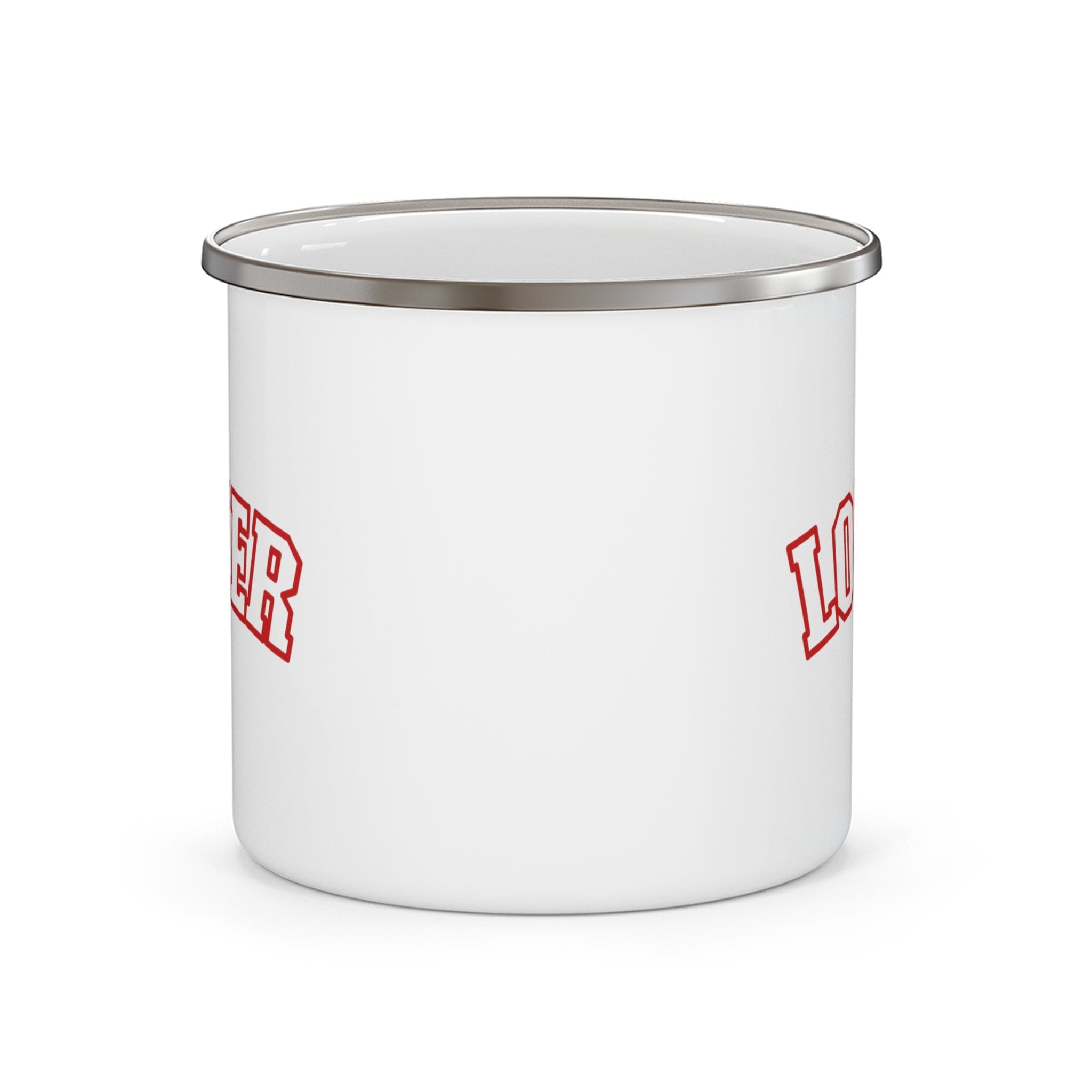 Red enamel camping mug with C-handle, perfect for coffee and outdoor activities.