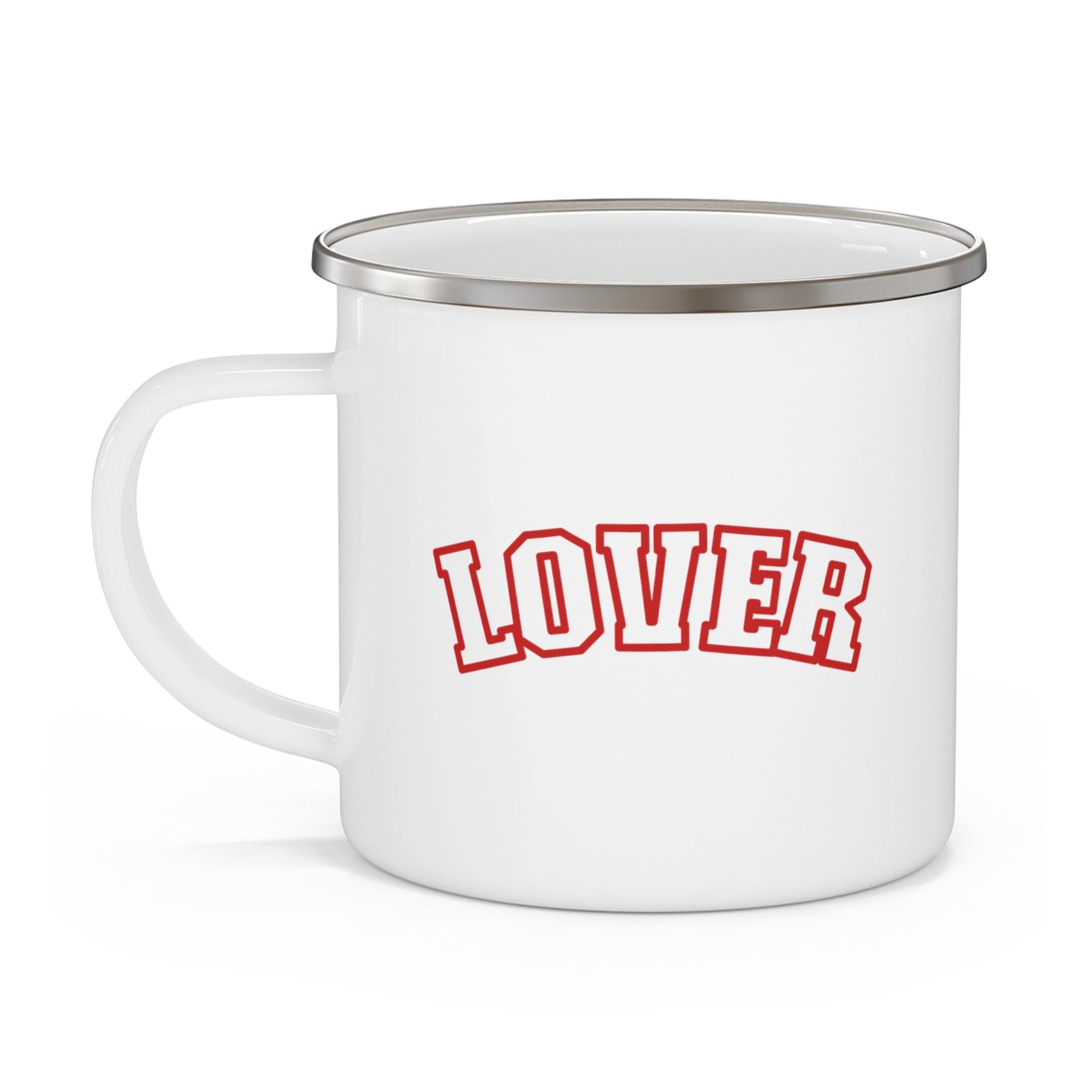 Red enamel camping mug with C-handle, perfect for coffee and outdoor activities.