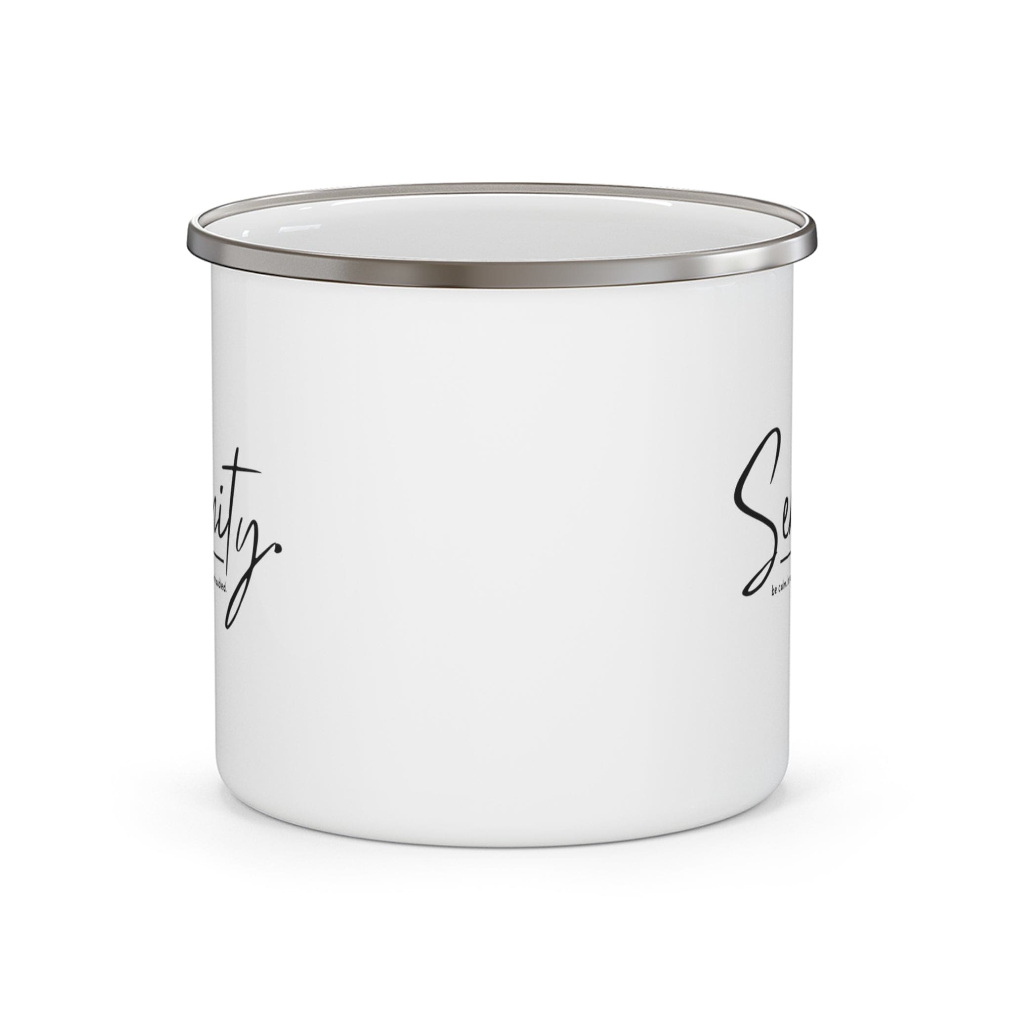 Serenity Enamel Camping Mug featuring a stylish design with rounded corners and a comfortable C-handle, perfect for outdoor and indoor use.