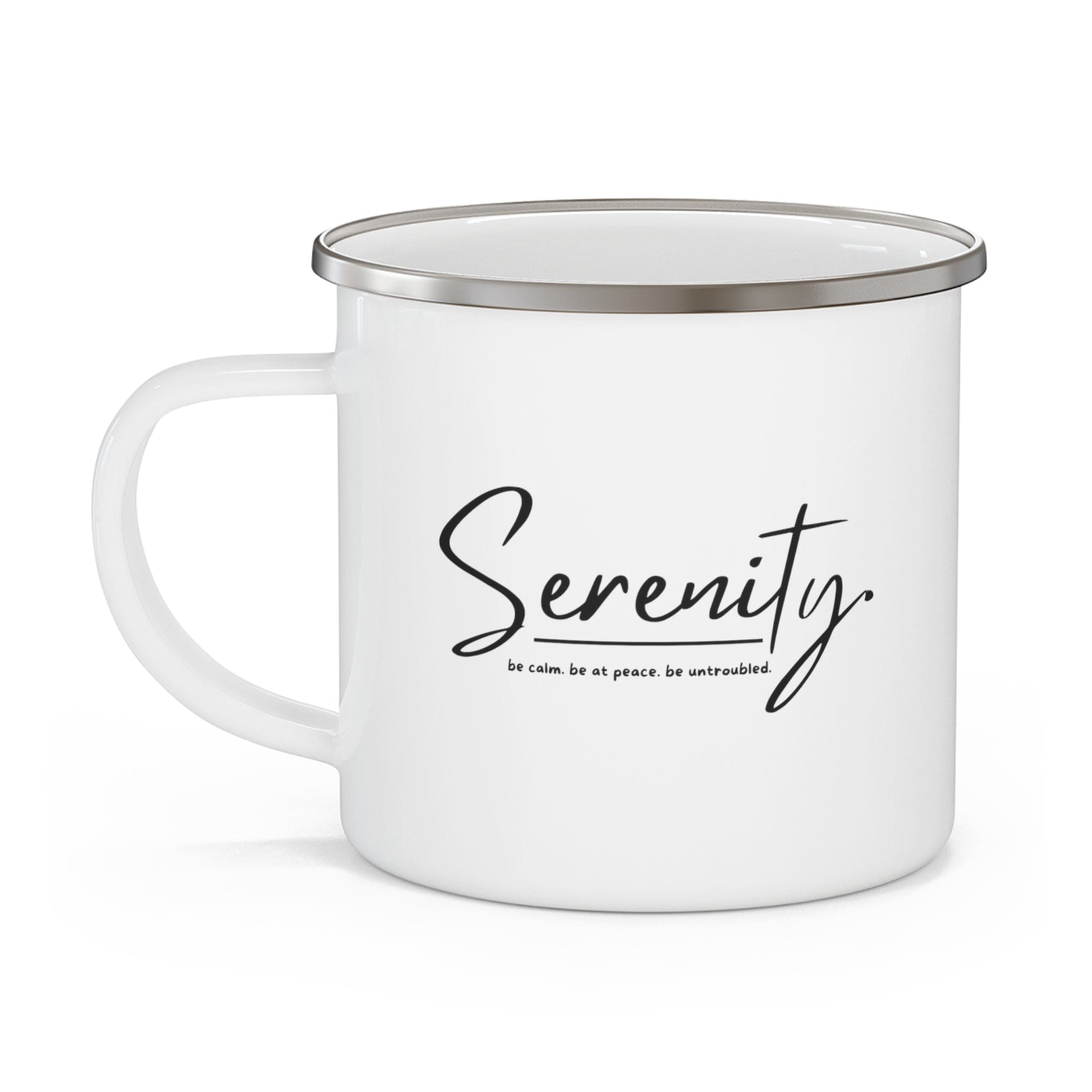 Serenity Enamel Camping Mug featuring a stylish design with rounded corners and a comfortable C-handle, perfect for outdoor and indoor use.