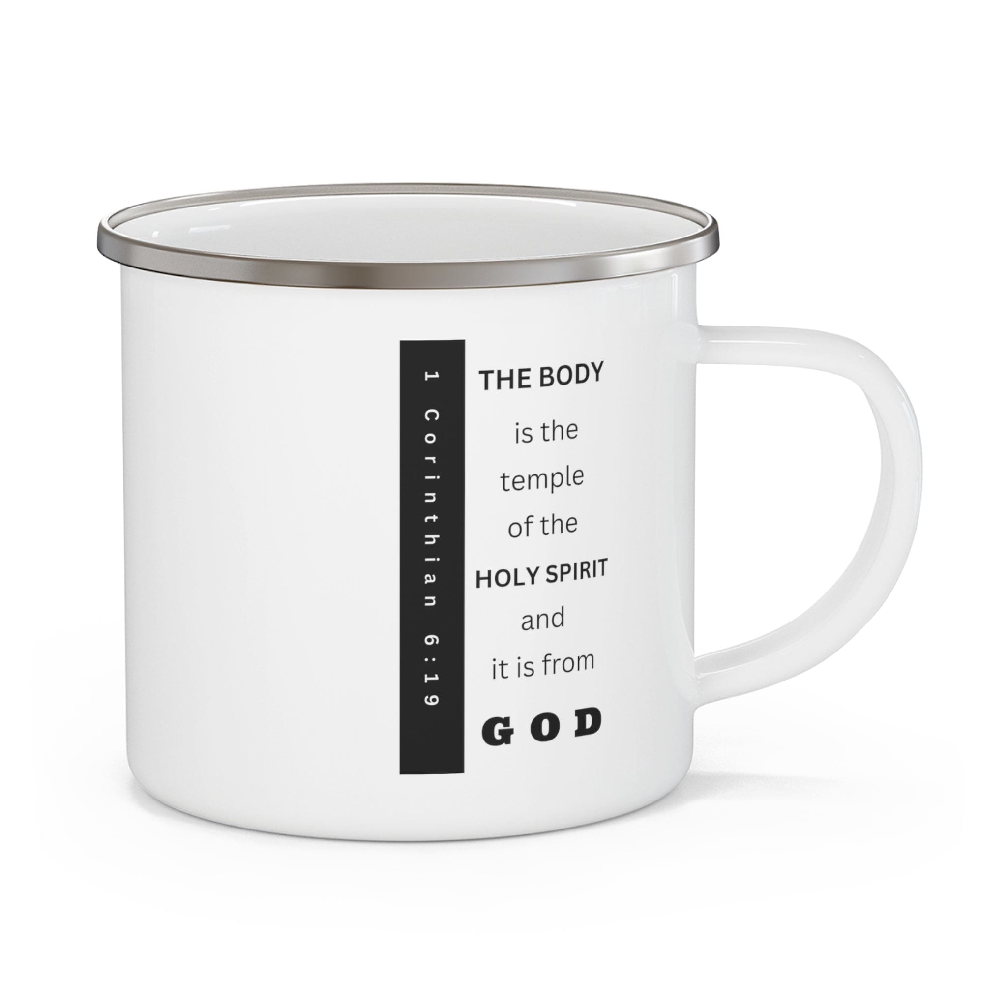 Durable enamel camping mug with a stylish design and comfortable C-handle, perfect for coffee, tea, and cereal.