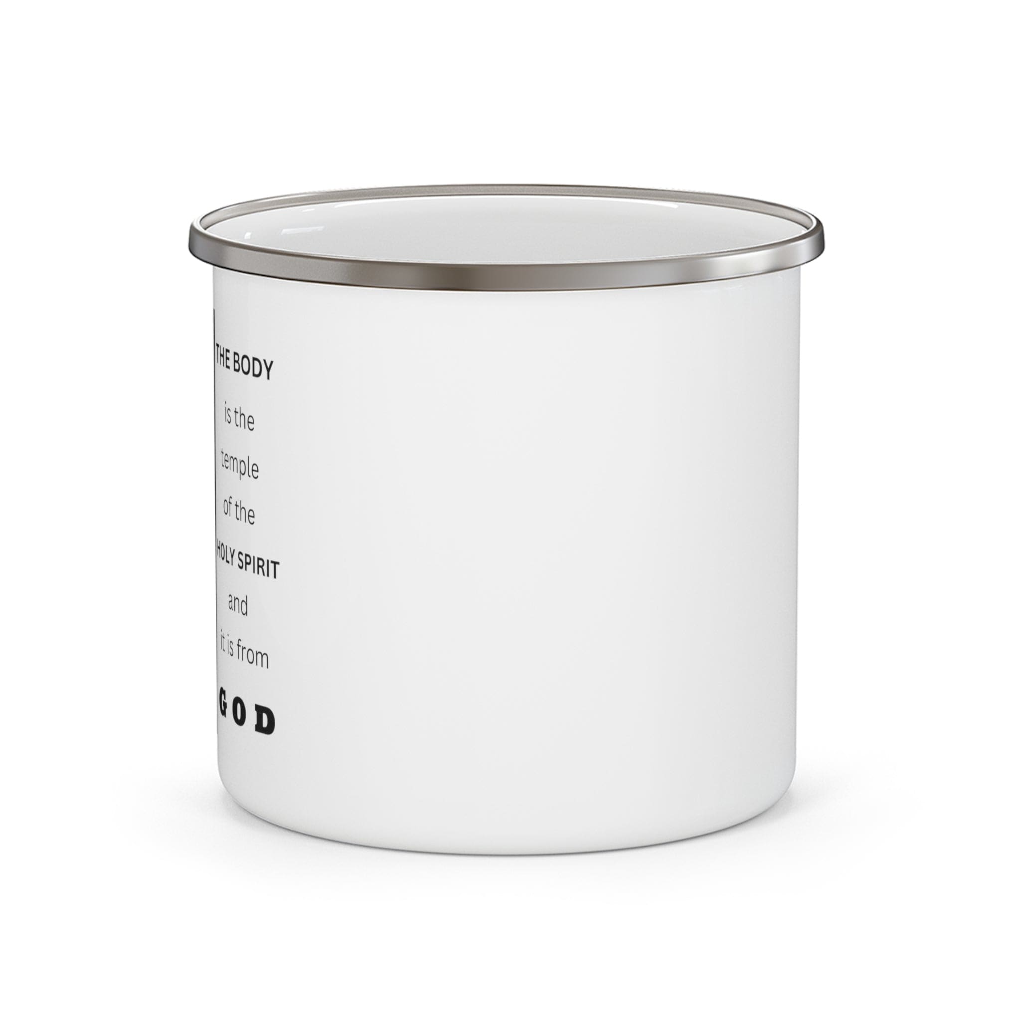 Durable enamel camping mug with a stylish design and comfortable C-handle, perfect for coffee, tea, and cereal.