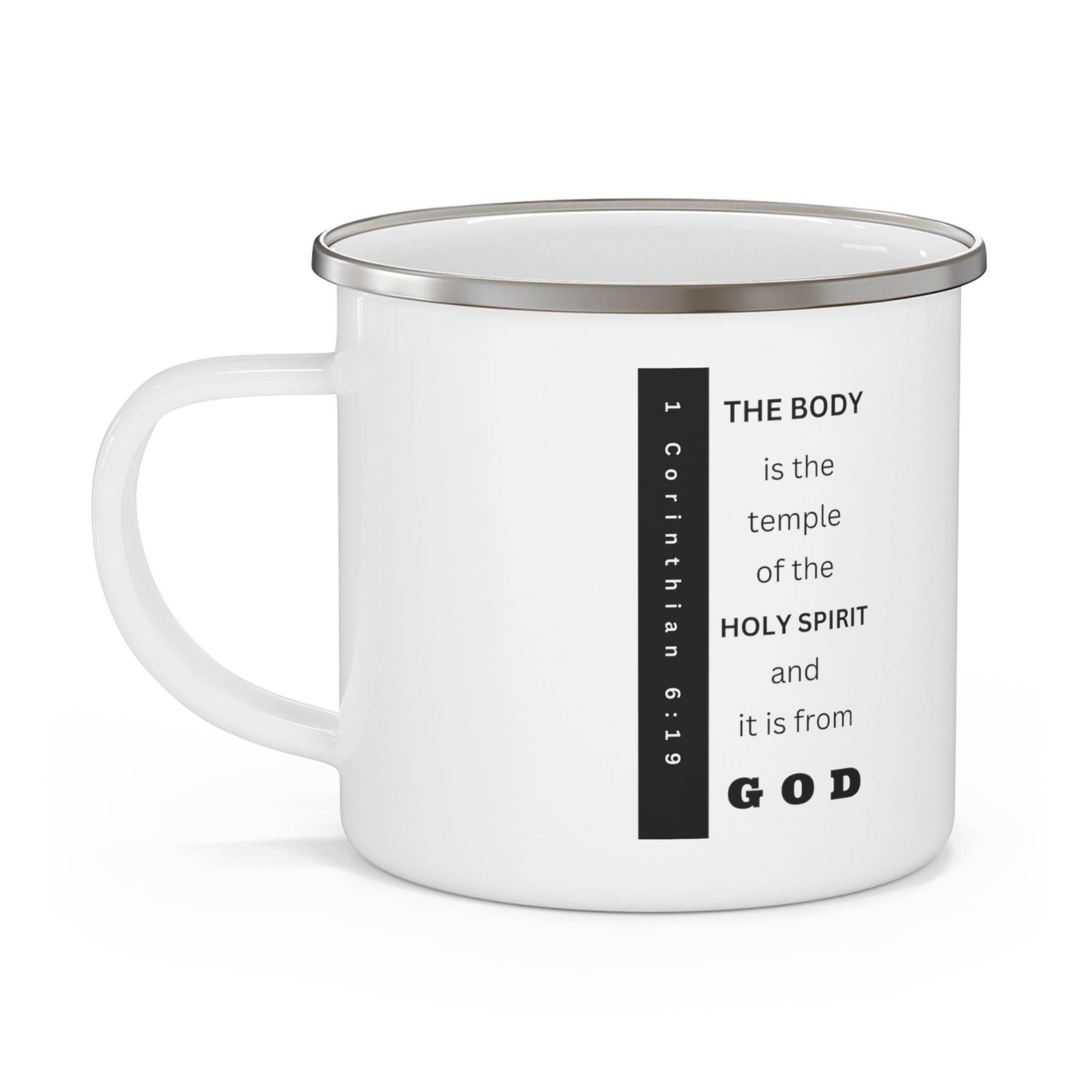 Durable enamel camping mug with a stylish design and comfortable C-handle, perfect for coffee, tea, and cereal.