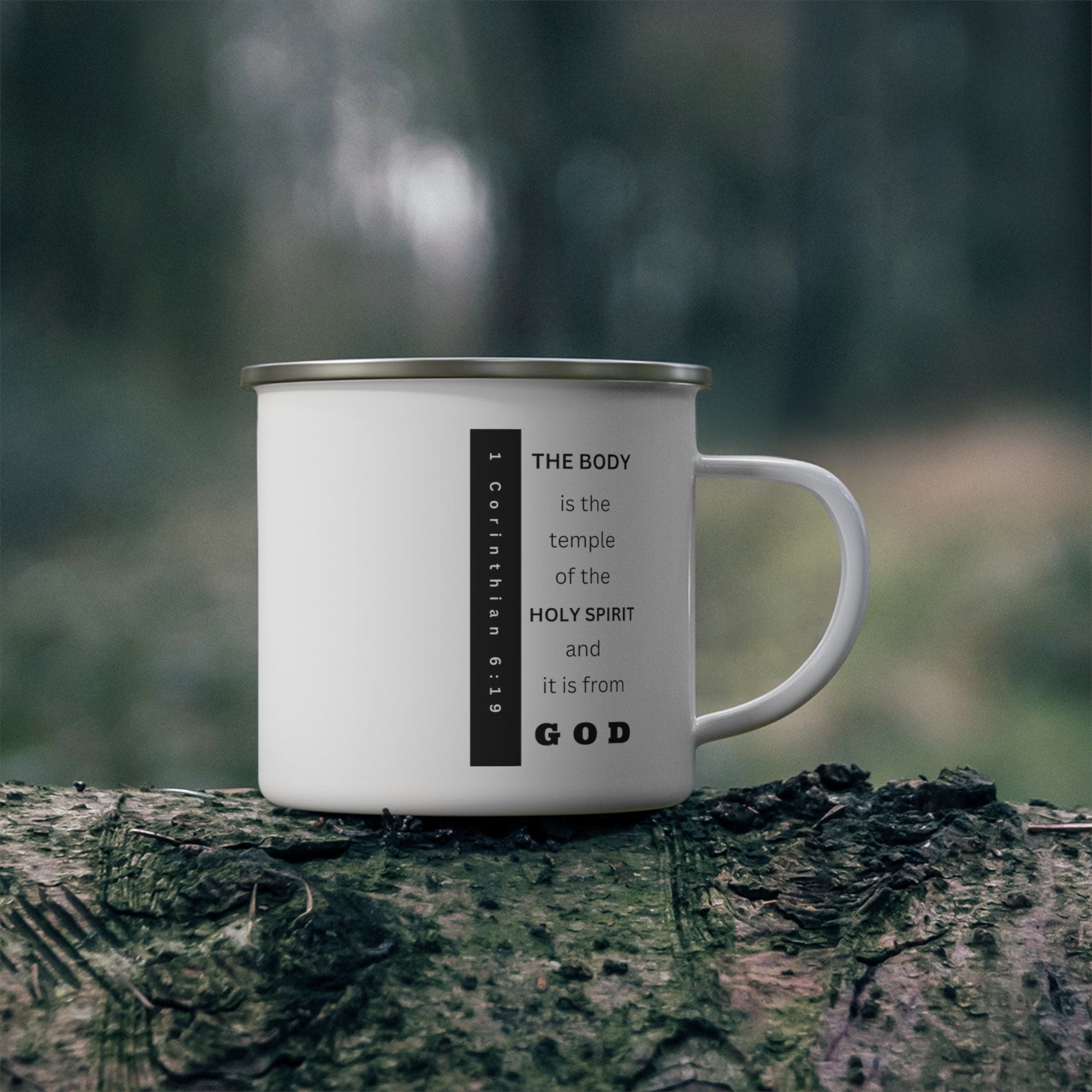 Durable enamel camping mug with a stylish design and comfortable C-handle, perfect for coffee, tea, and cereal.