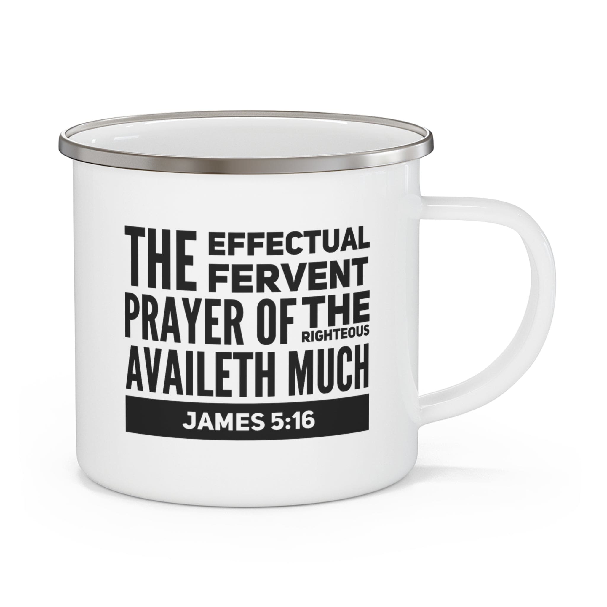 Durable enamel camping mug with a black illustration featuring the effectual fervent prayer design, perfect for outdoor and indoor use.