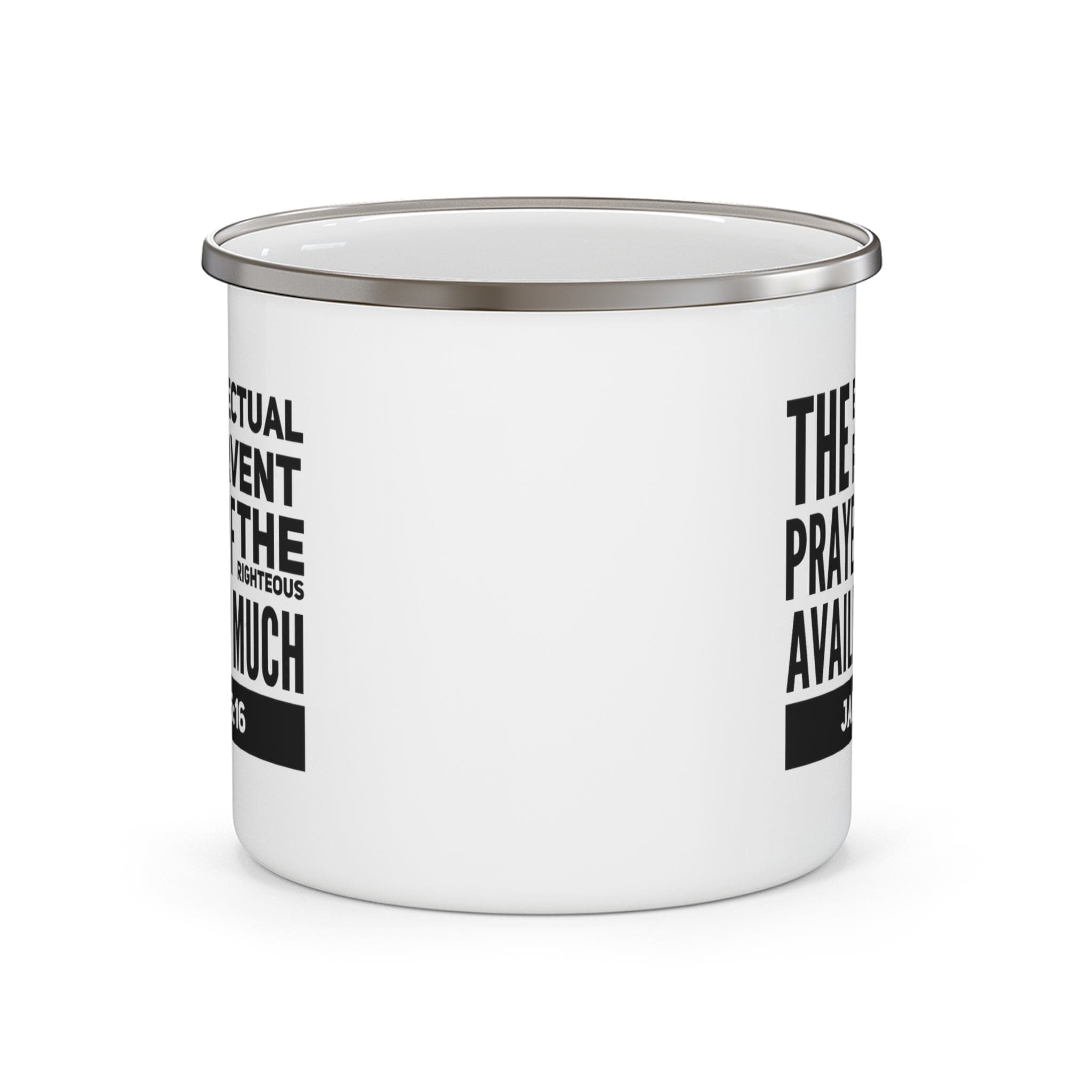 Durable enamel camping mug with a black illustration featuring the effectual fervent prayer design, perfect for outdoor and indoor use.