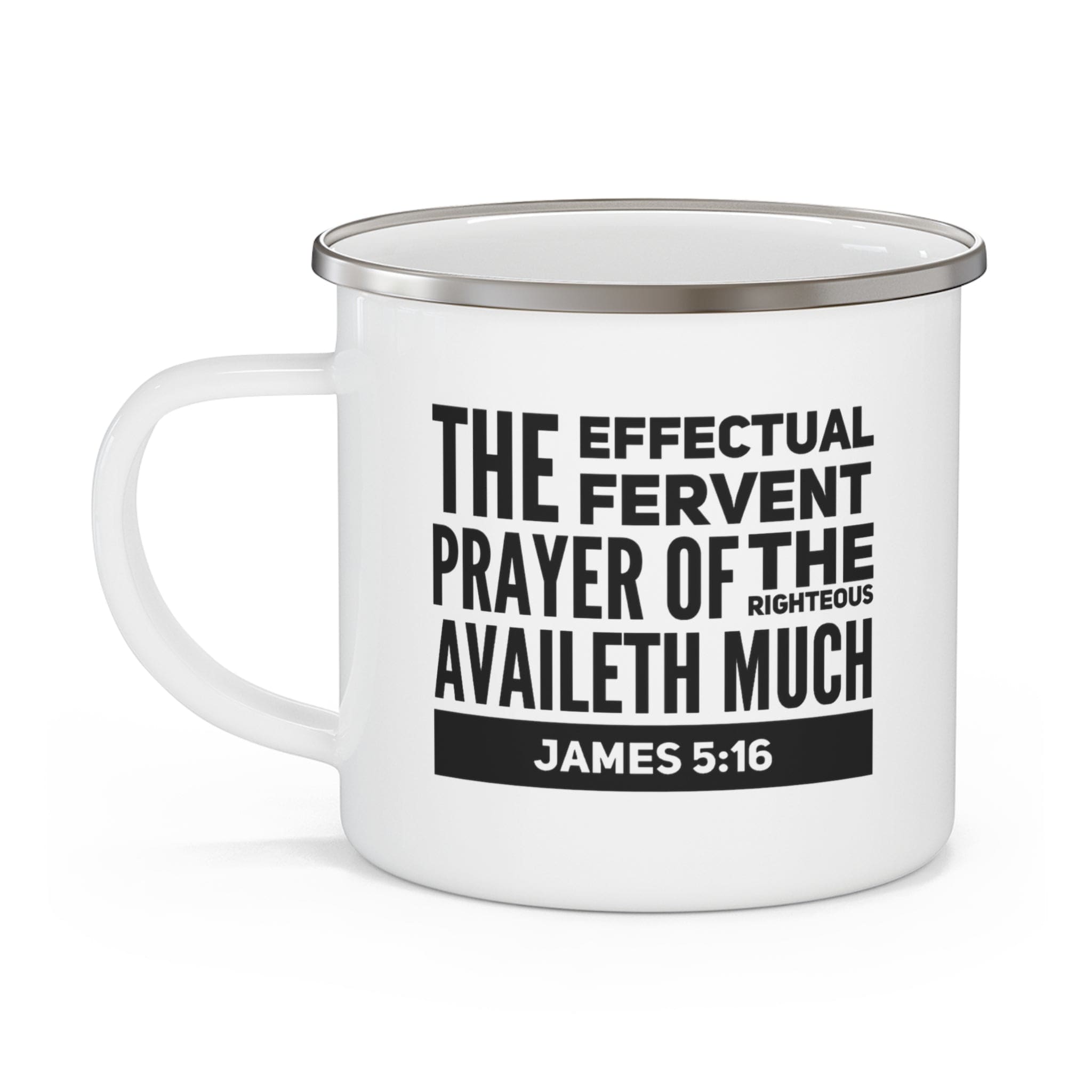 Durable enamel camping mug with a black illustration featuring the effectual fervent prayer design, perfect for outdoor and indoor use.