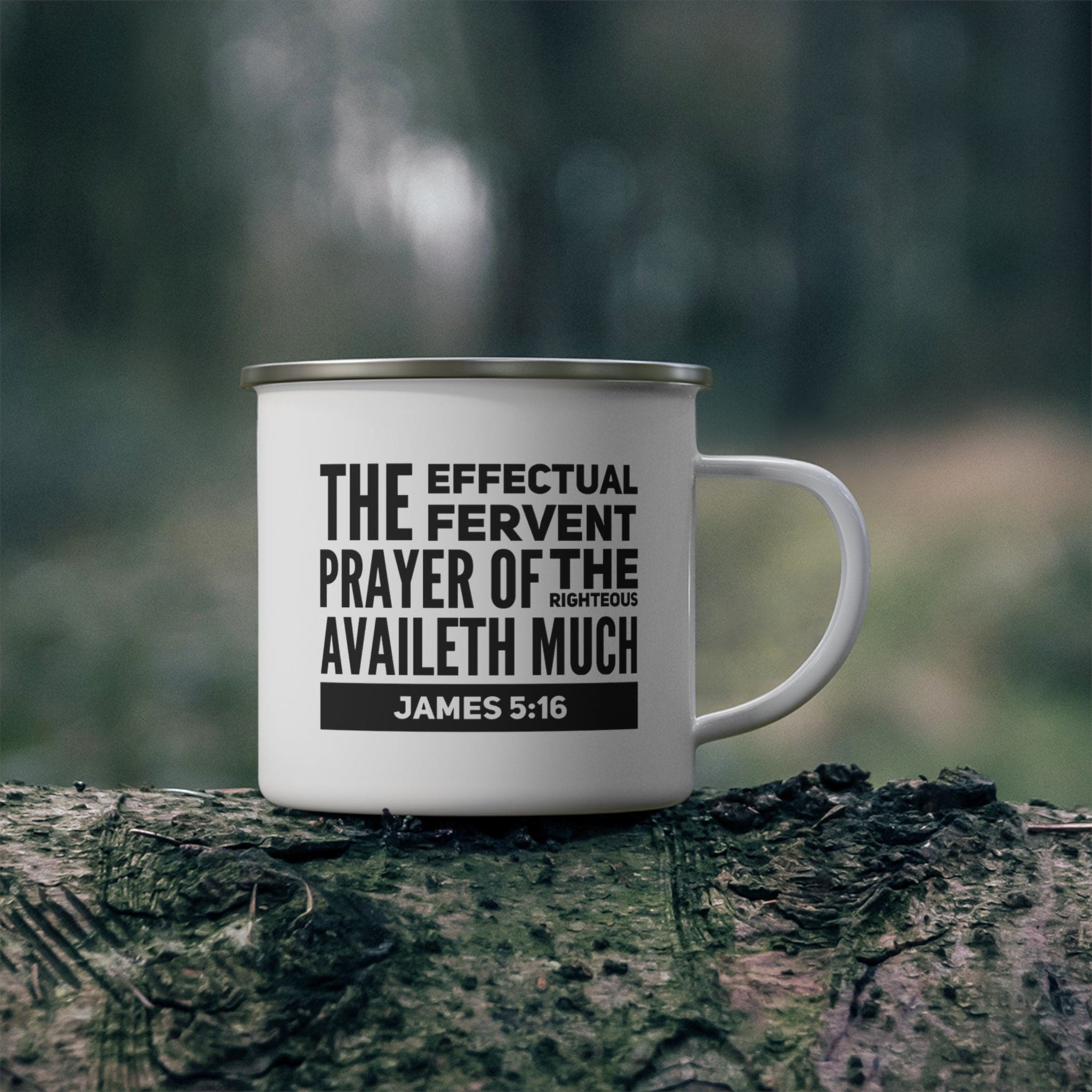 Durable enamel camping mug with a black illustration featuring the effectual fervent prayer design, perfect for outdoor and indoor use.