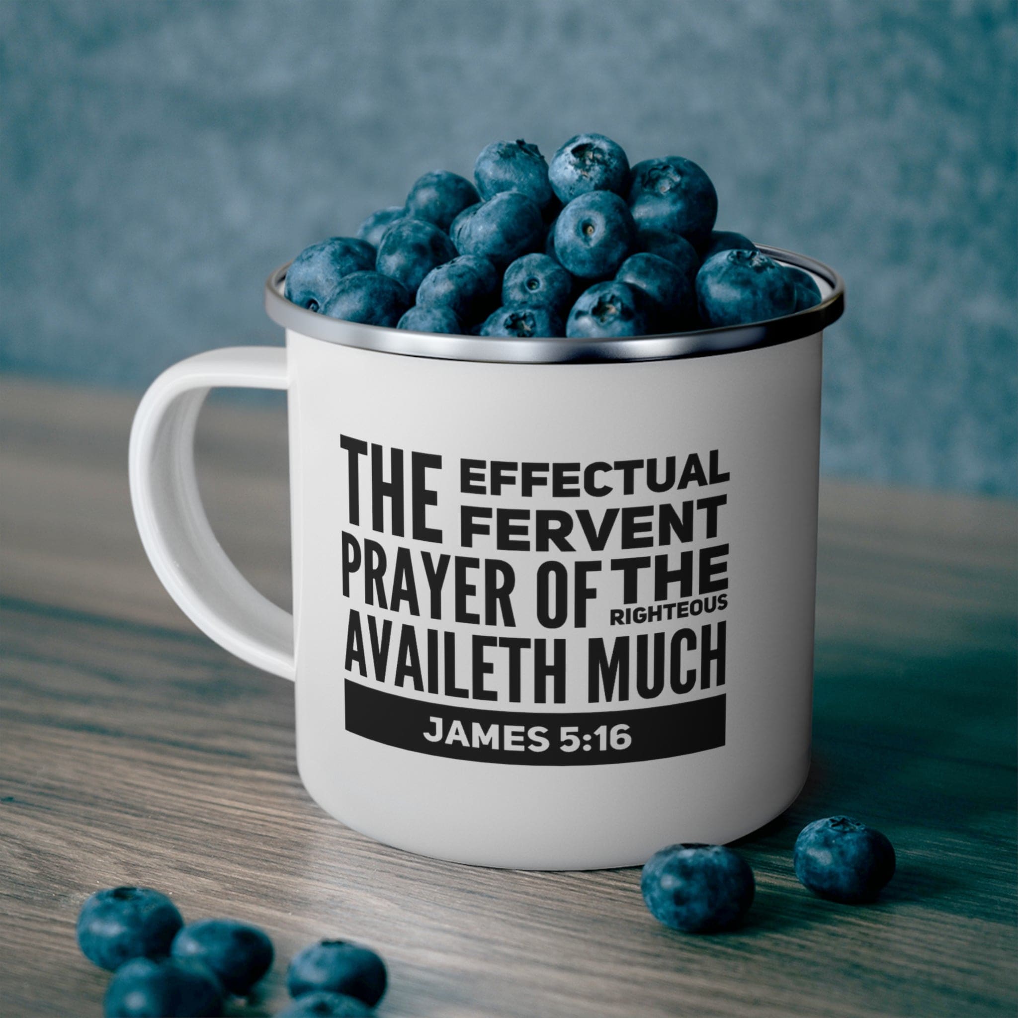 Durable enamel camping mug with a black illustration featuring the effectual fervent prayer design, perfect for outdoor and indoor use.