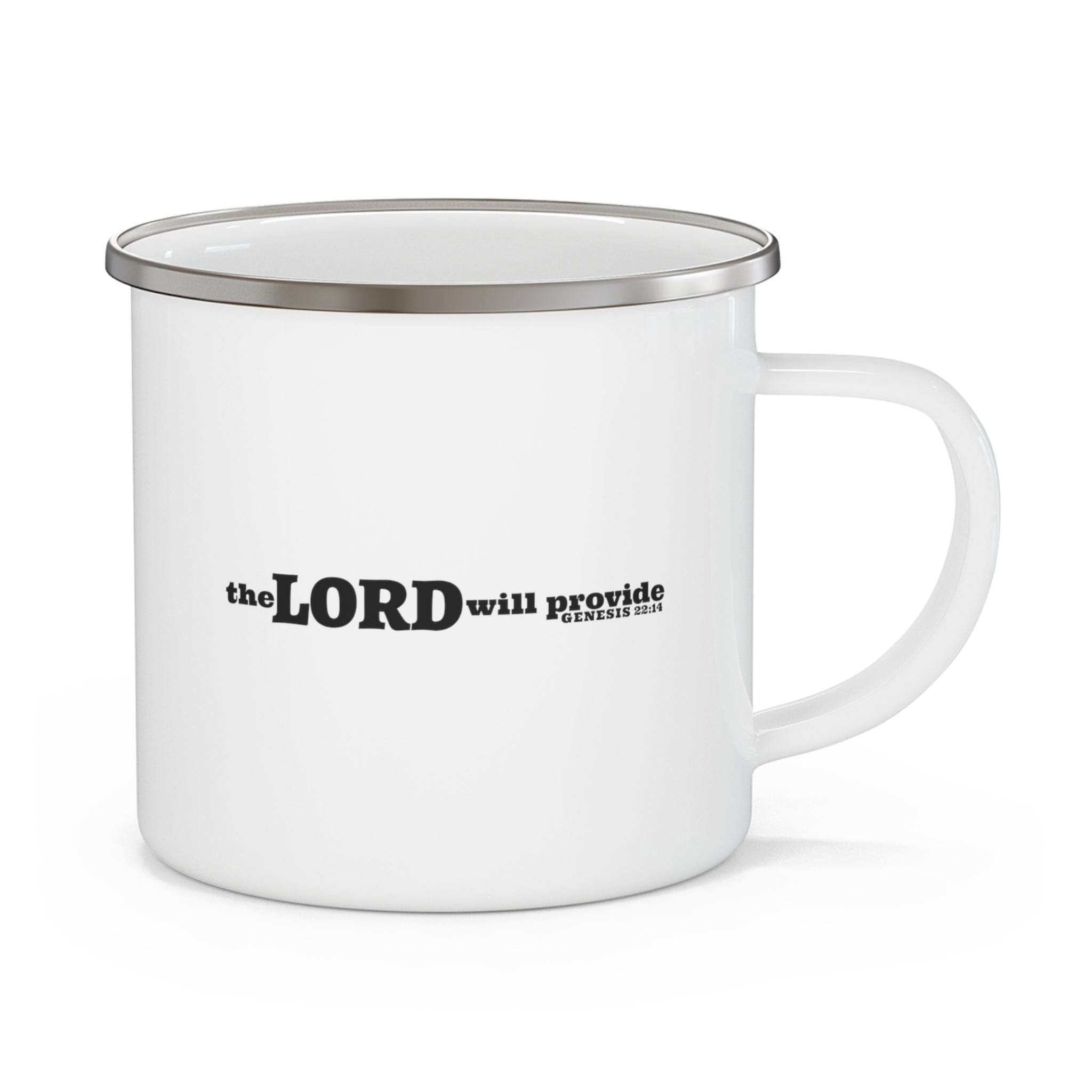 Durable enamel camping mug with Genesis 22:14 quote, featuring a stylish design and C-handle.