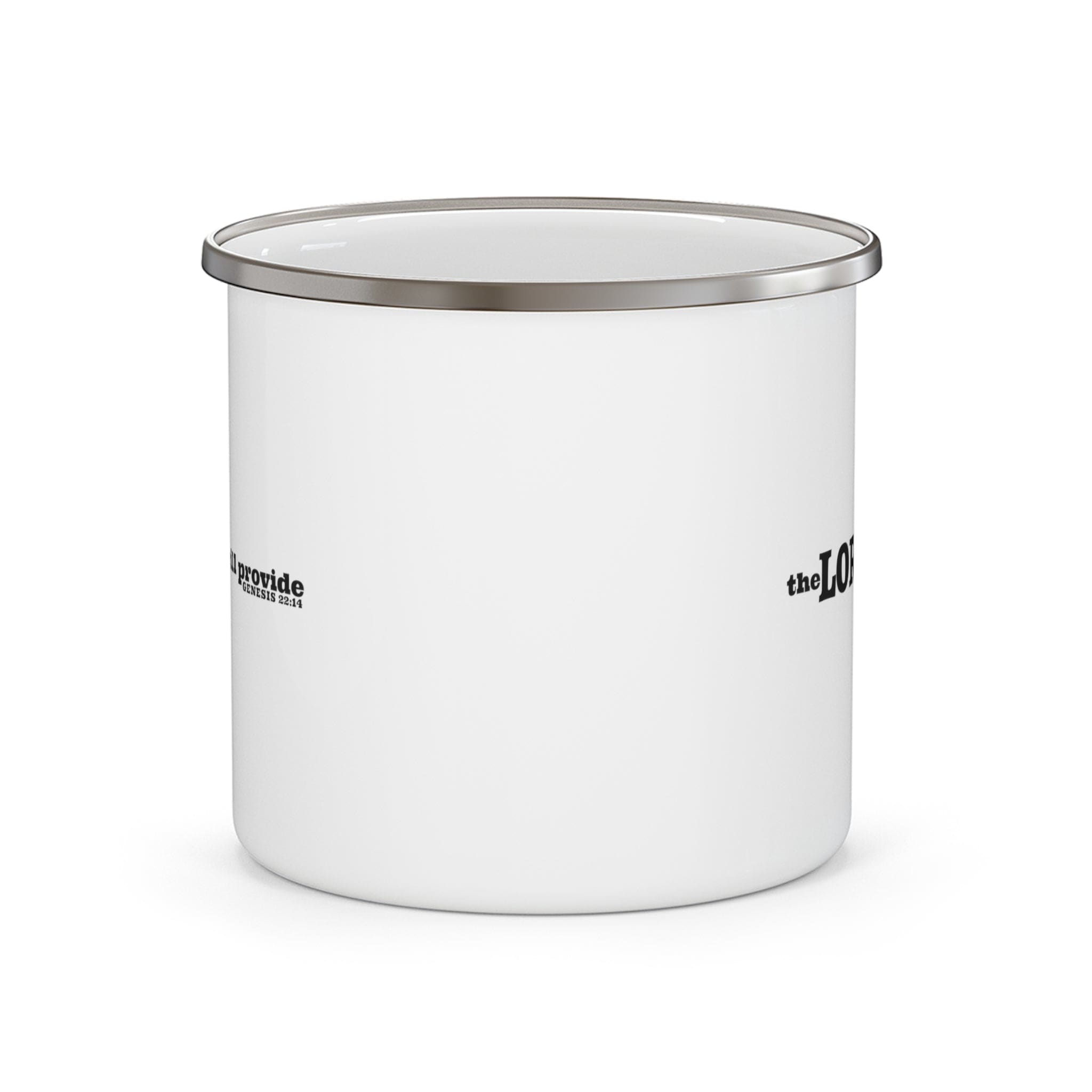 Durable enamel camping mug with Genesis 22:14 quote, featuring a stylish design and C-handle.