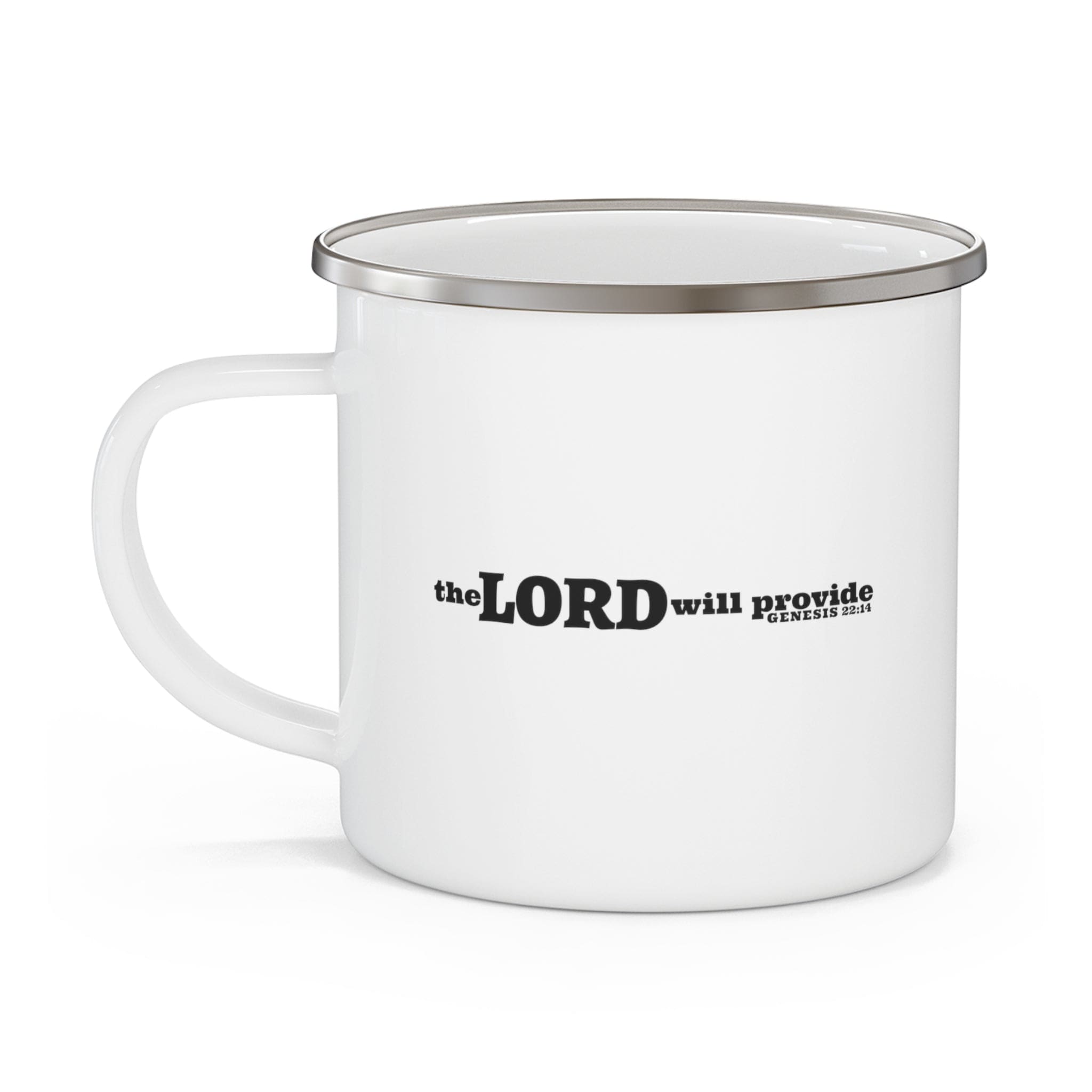 Durable enamel camping mug with Genesis 22:14 quote, featuring a stylish design and C-handle.