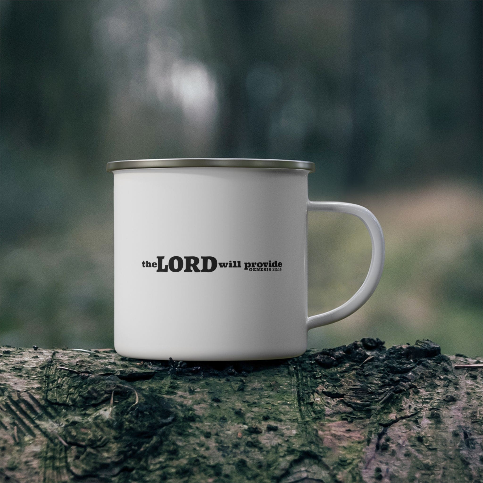 Durable enamel camping mug with Genesis 22:14 quote, featuring a stylish design and C-handle.