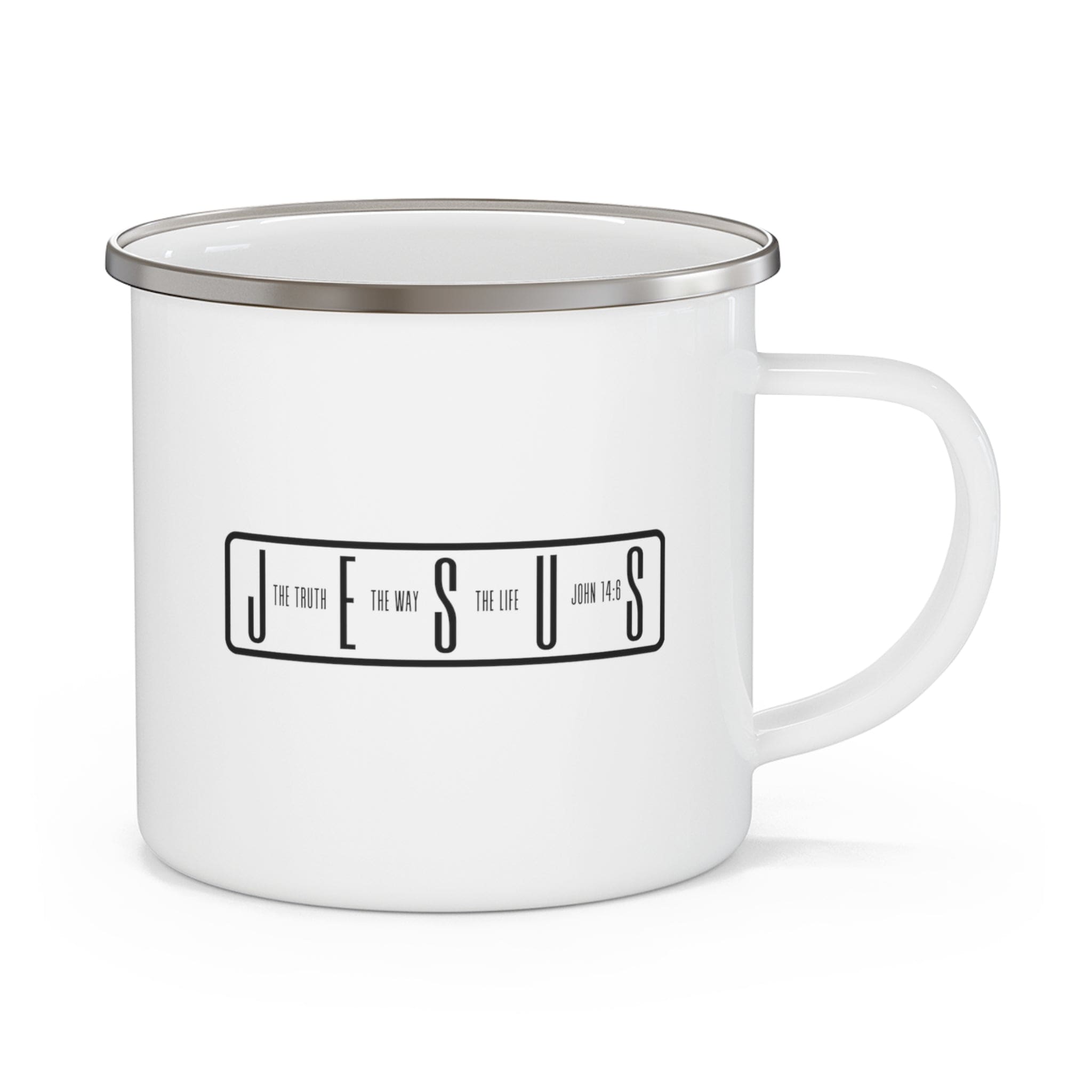 Durable enamel camping mug with a stylish design, featuring a C-handle and rounded corners, perfect for coffee, tea, or cereal.