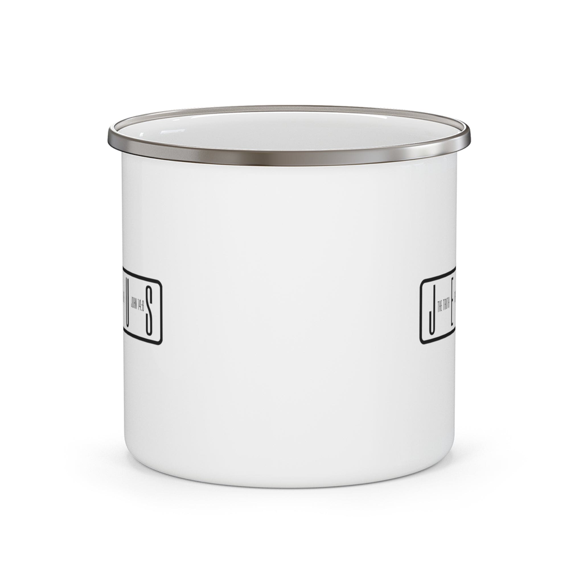 Durable enamel camping mug with a stylish design, featuring a C-handle and rounded corners, perfect for coffee, tea, or cereal.