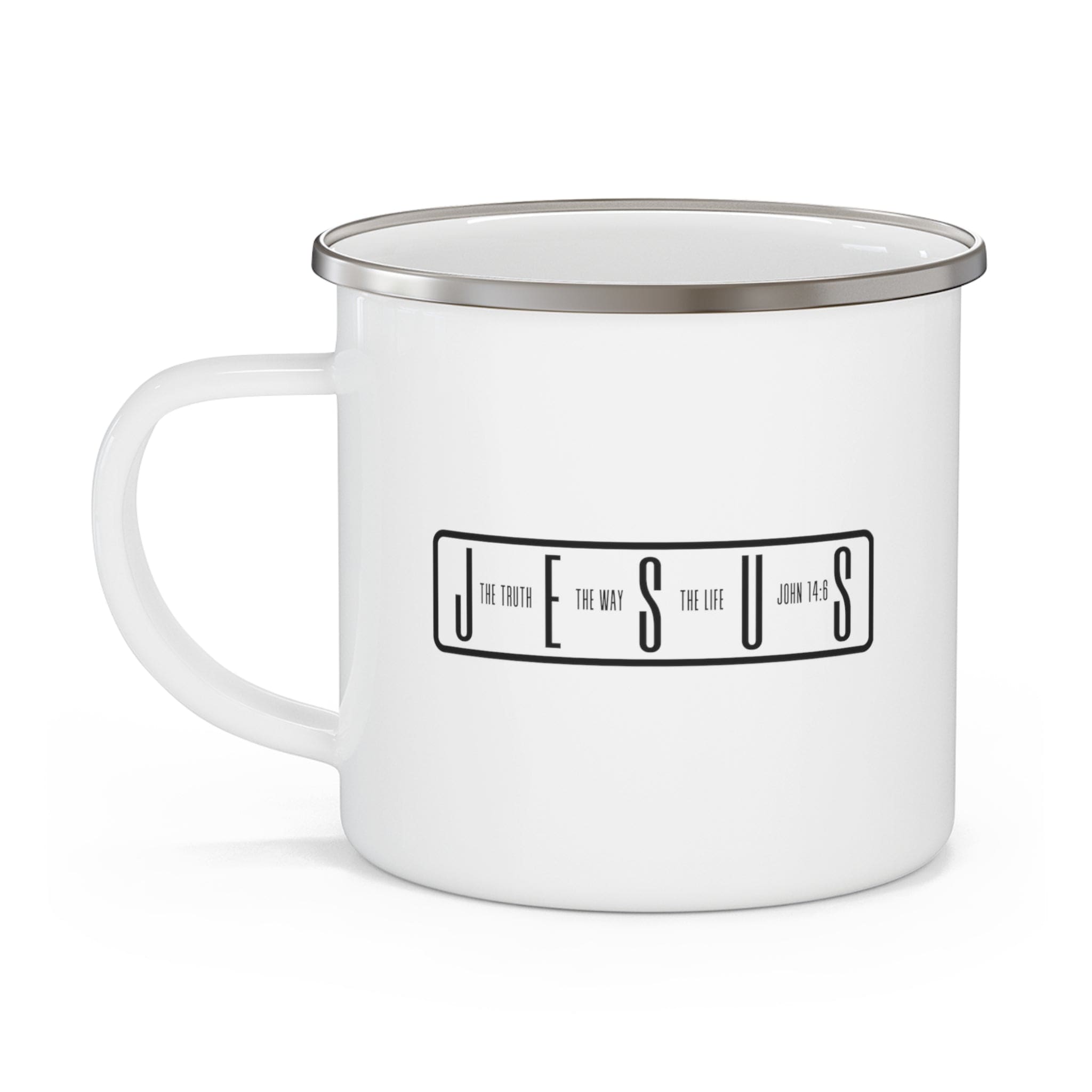 Durable enamel camping mug with a stylish design, featuring a C-handle and rounded corners, perfect for coffee, tea, or cereal.