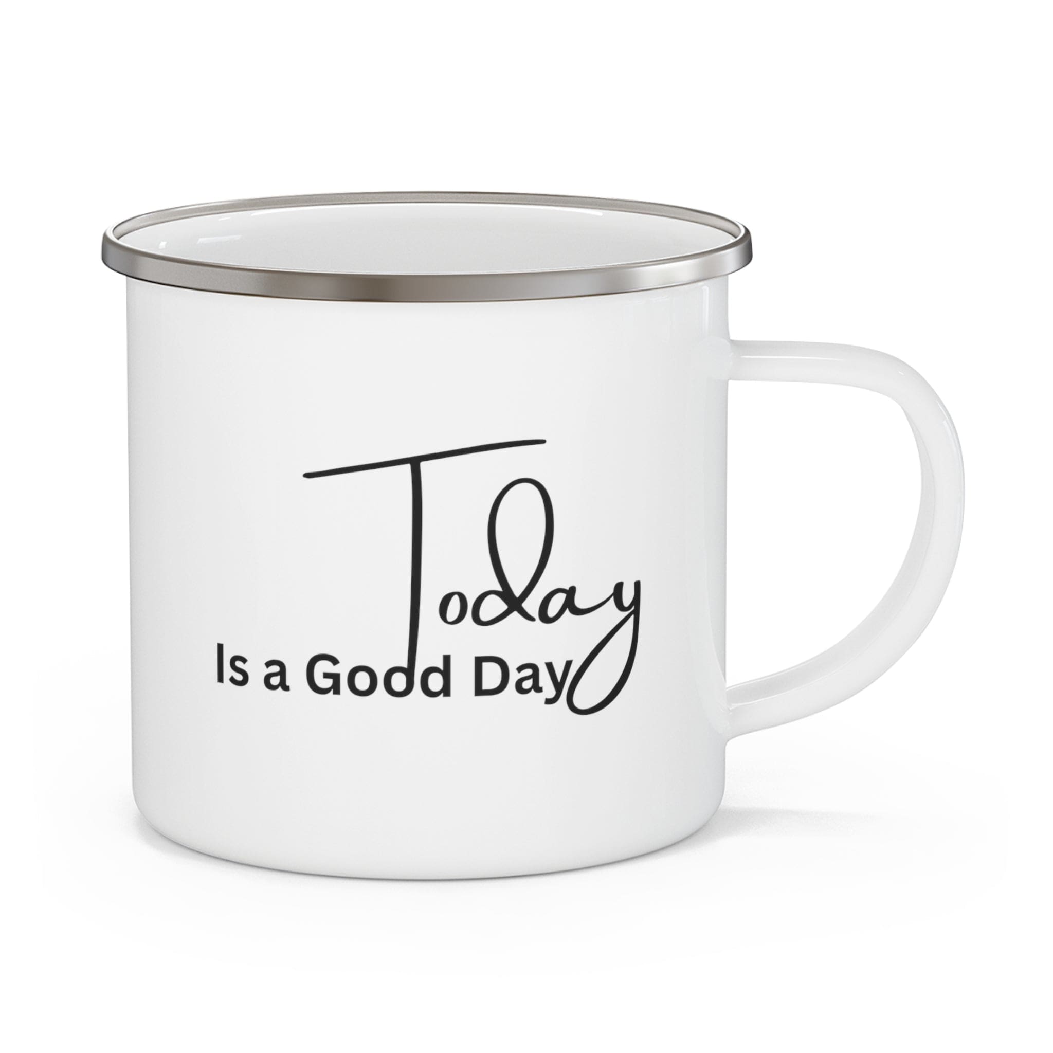 Durable enamel camping mug with a black illustration saying 'Today is a Good Day', perfect for coffee and outdoor activities.