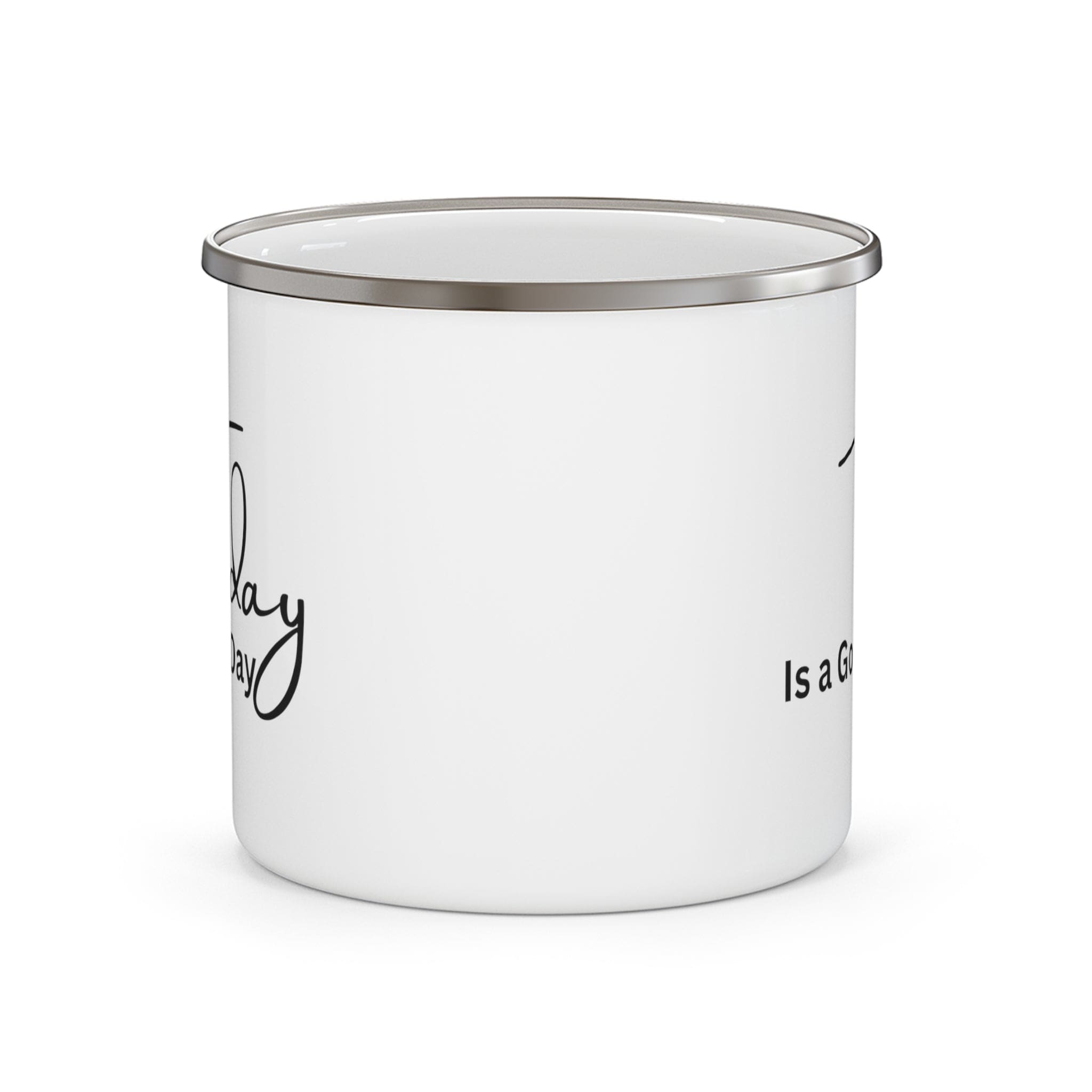 Durable enamel camping mug with a black illustration saying 'Today is a Good Day', perfect for coffee and outdoor activities.