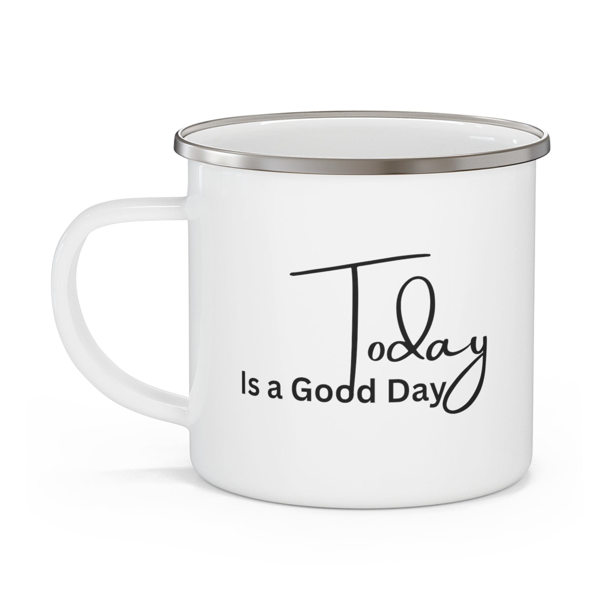 Durable enamel camping mug with a black illustration saying 'Today is a Good Day', perfect for coffee and outdoor activities.