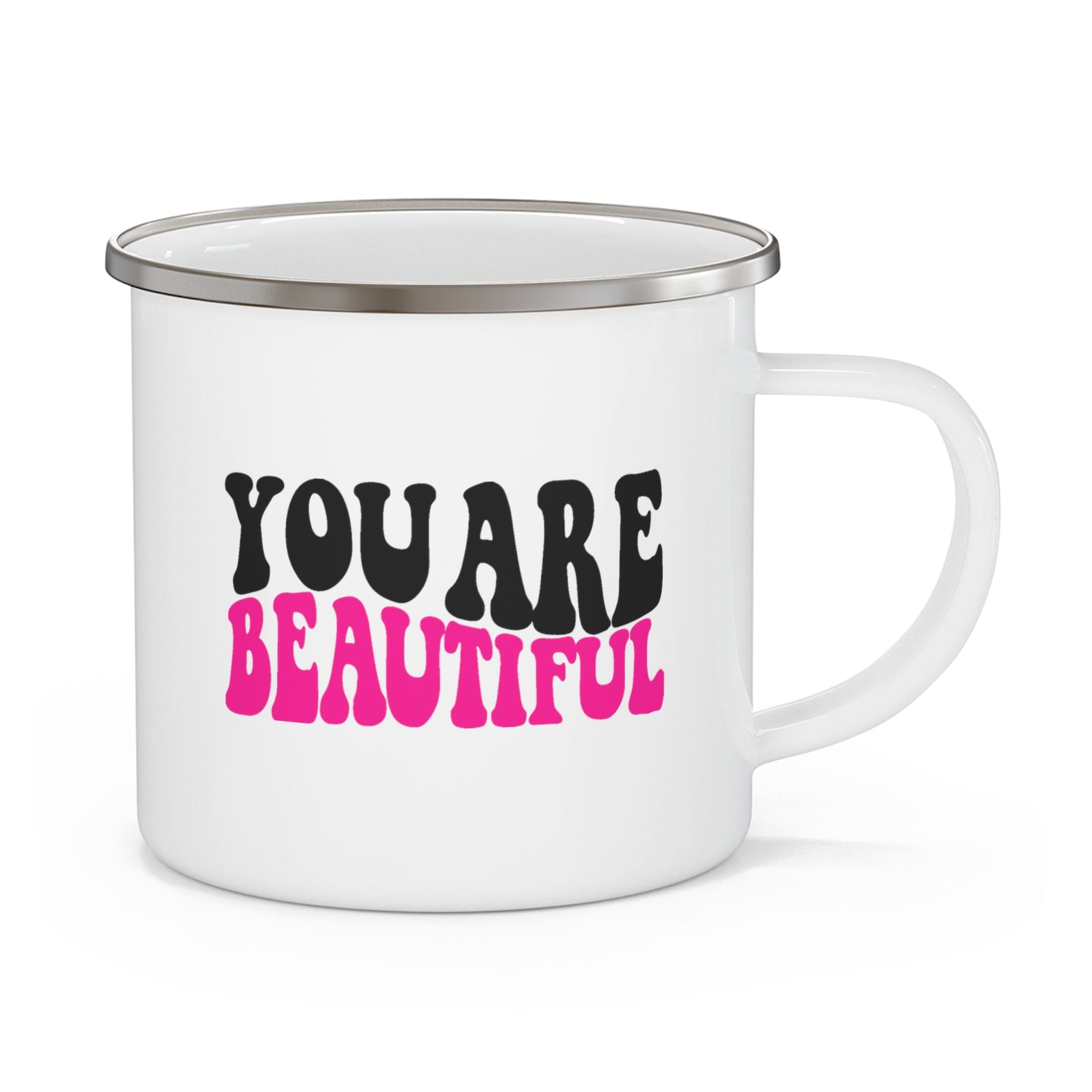 A stylish pink and black enamel camping mug with the affirmation 'you are beautiful' printed on it, perfect for outdoor and indoor use.