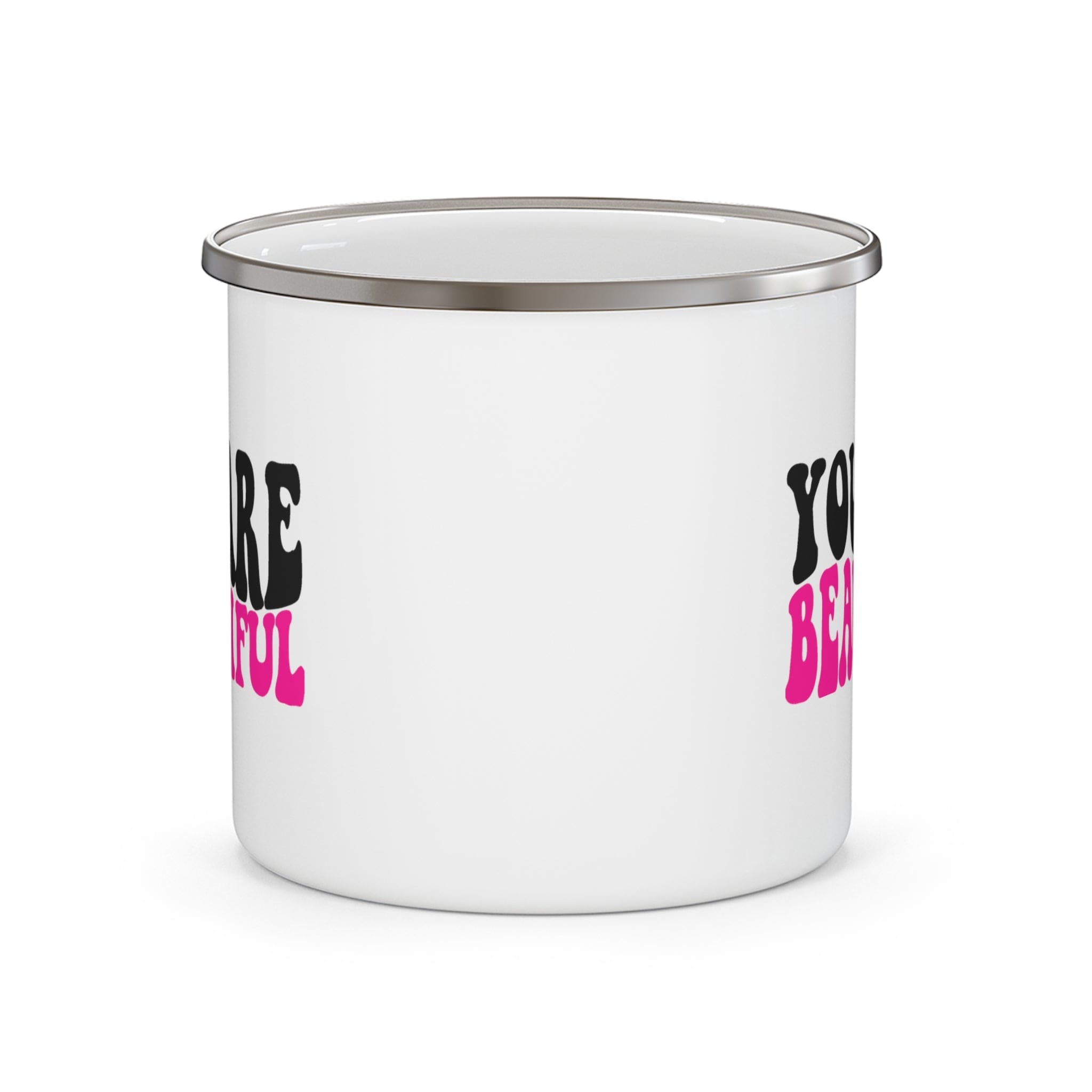 A stylish pink and black enamel camping mug with the affirmation 'you are beautiful' printed on it, perfect for outdoor and indoor use.