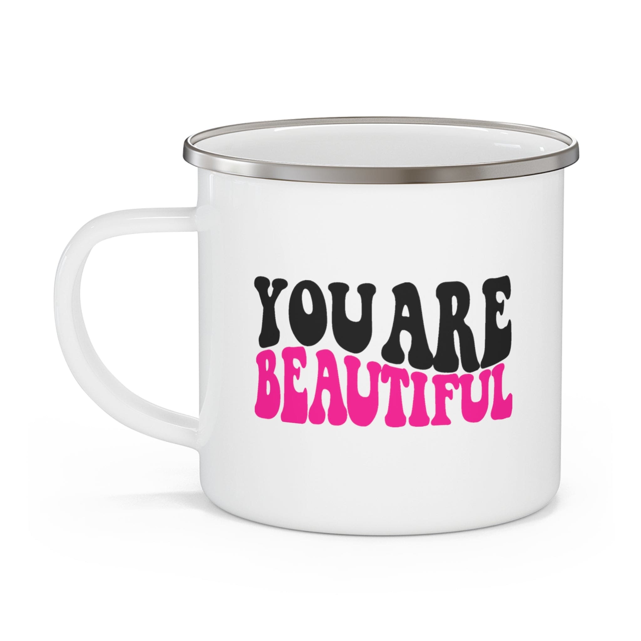 A stylish pink and black enamel camping mug with the affirmation 'you are beautiful' printed on it, perfect for outdoor and indoor use.