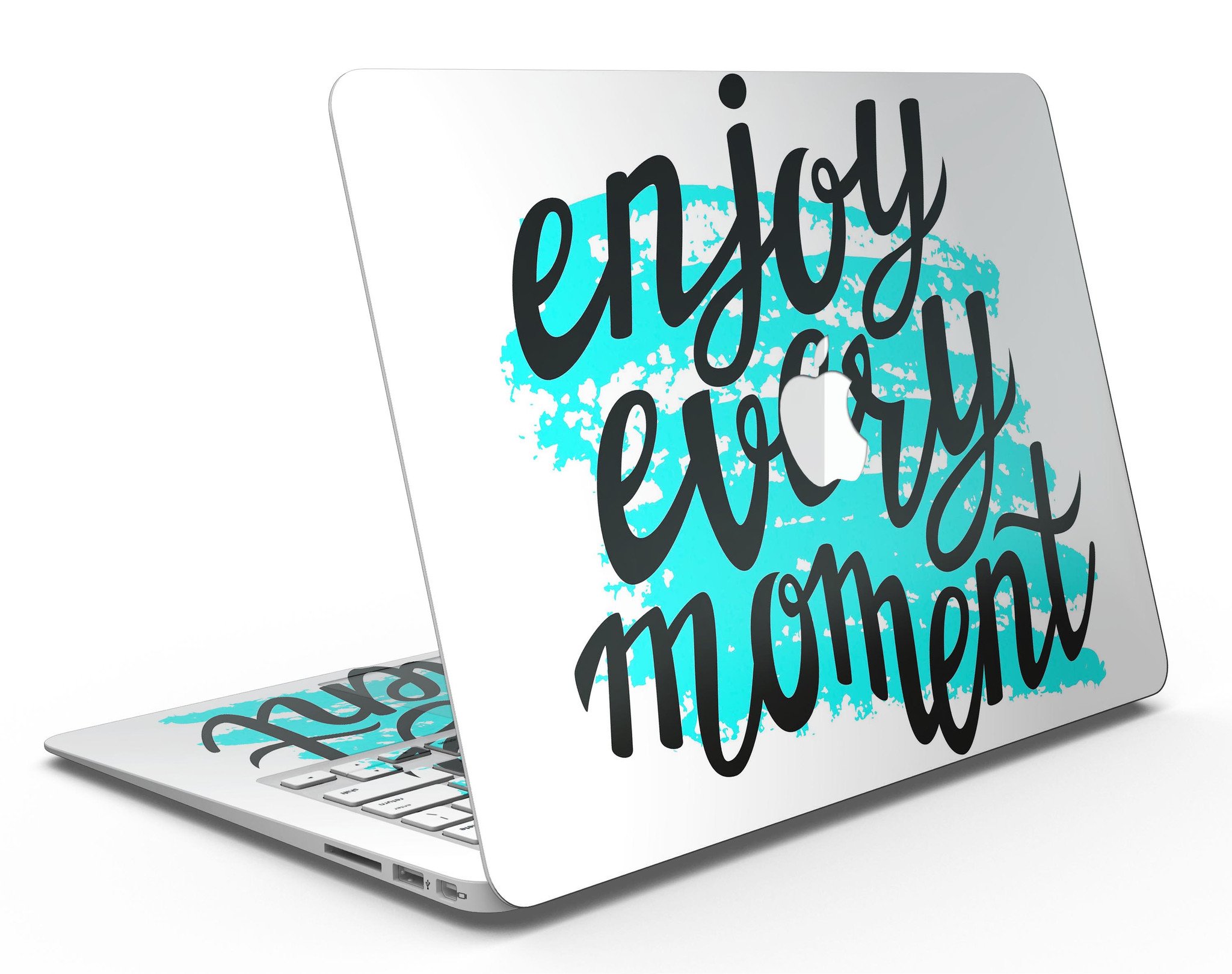 Enjoy Every Moment MacBook Air Skin Kit showcasing premium vinyl in gloss and matte finishes, designed for easy application and perfect fit.