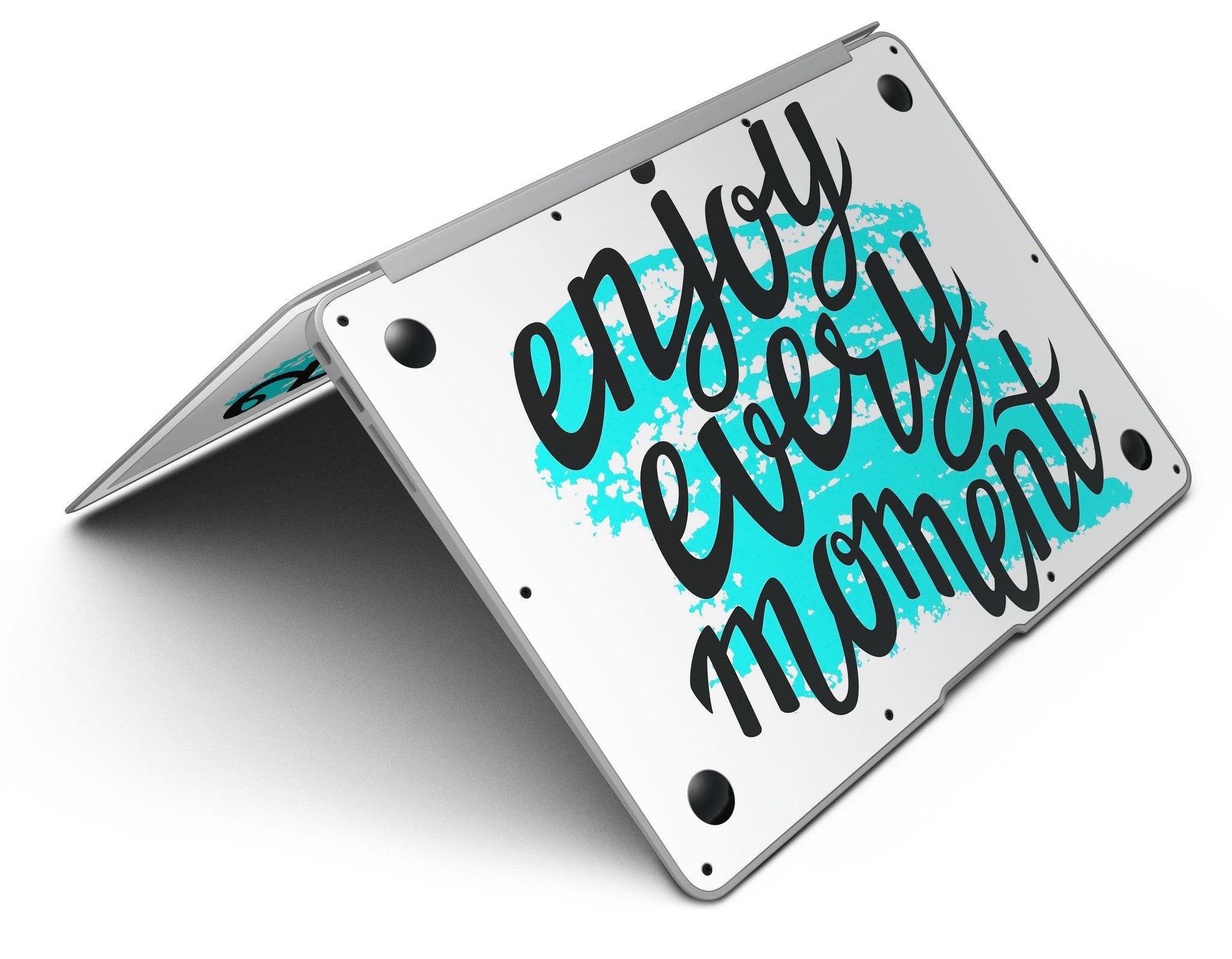 Enjoy Every Moment MacBook Air Skin Kit showcasing premium vinyl in gloss and matte finishes, designed for easy application and perfect fit.